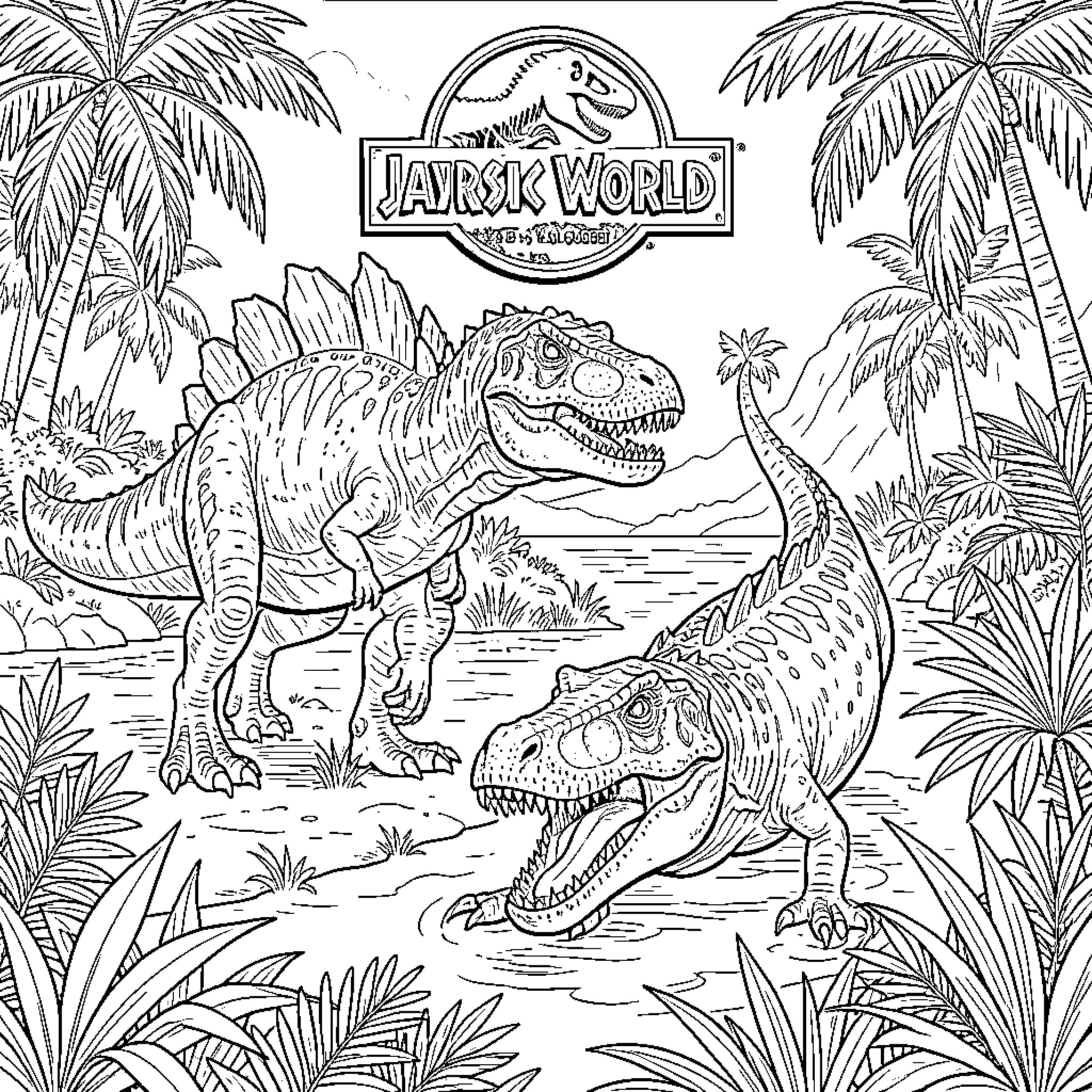 Spinosaurus roaming through a lush prehistoric jungle Coloring Page (free black-and-white line drawing printable PDF for all, from beginners to advanced learners, including children, teens, adults, and seniors)