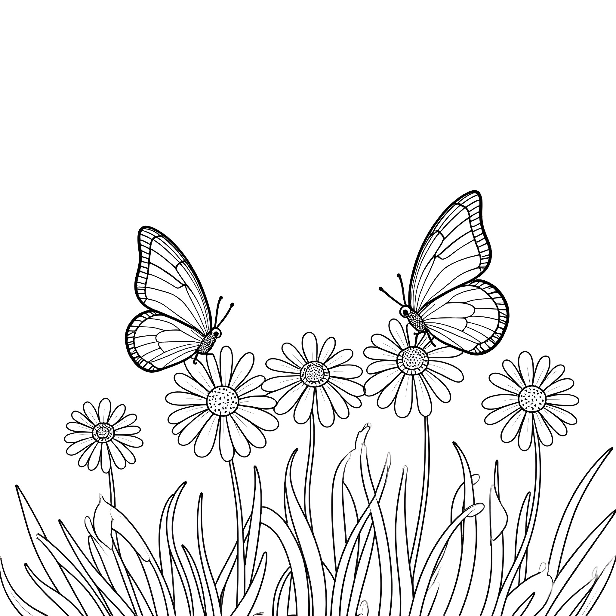 Butterfly dancing among the flowers Coloring Page (free black-and-white line drawing printable PDF for all, from beginners to advanced learners, including children, teens, adults, and seniors)