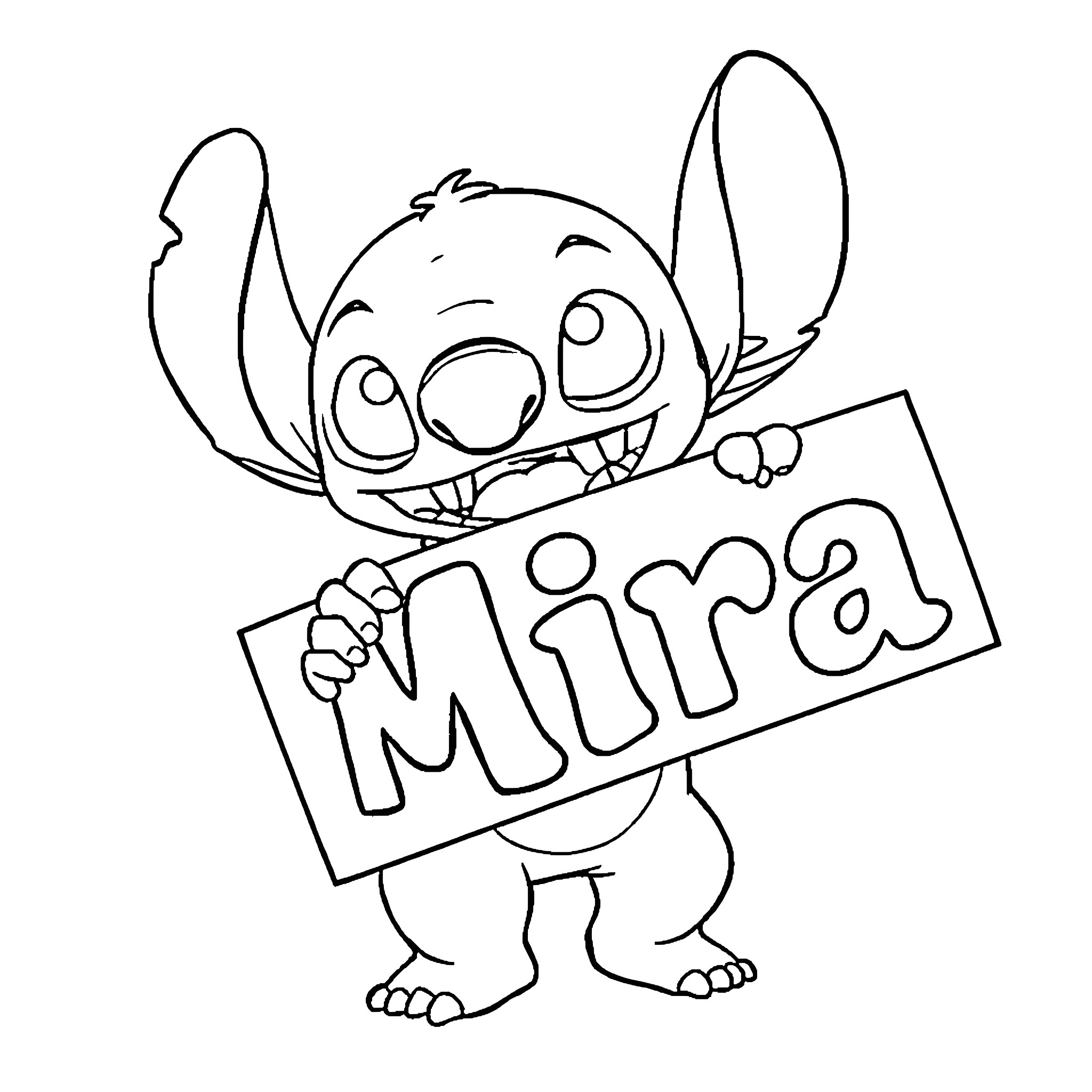Stitch holding 'Mira' sign with excited expression Coloring Page (free black-and-white line drawing printable PDF for all, from beginners to advanced learners, including children, teens, adults, and seniors)