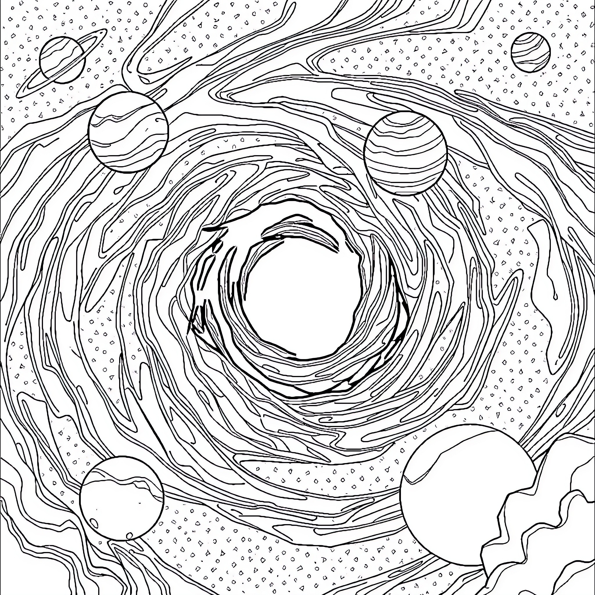 Black Hole Interstellar Voyage Coloring Page (free black-and-white line drawing printable PDF for all, from beginners to advanced learners, including children, teens, adults, and seniors)