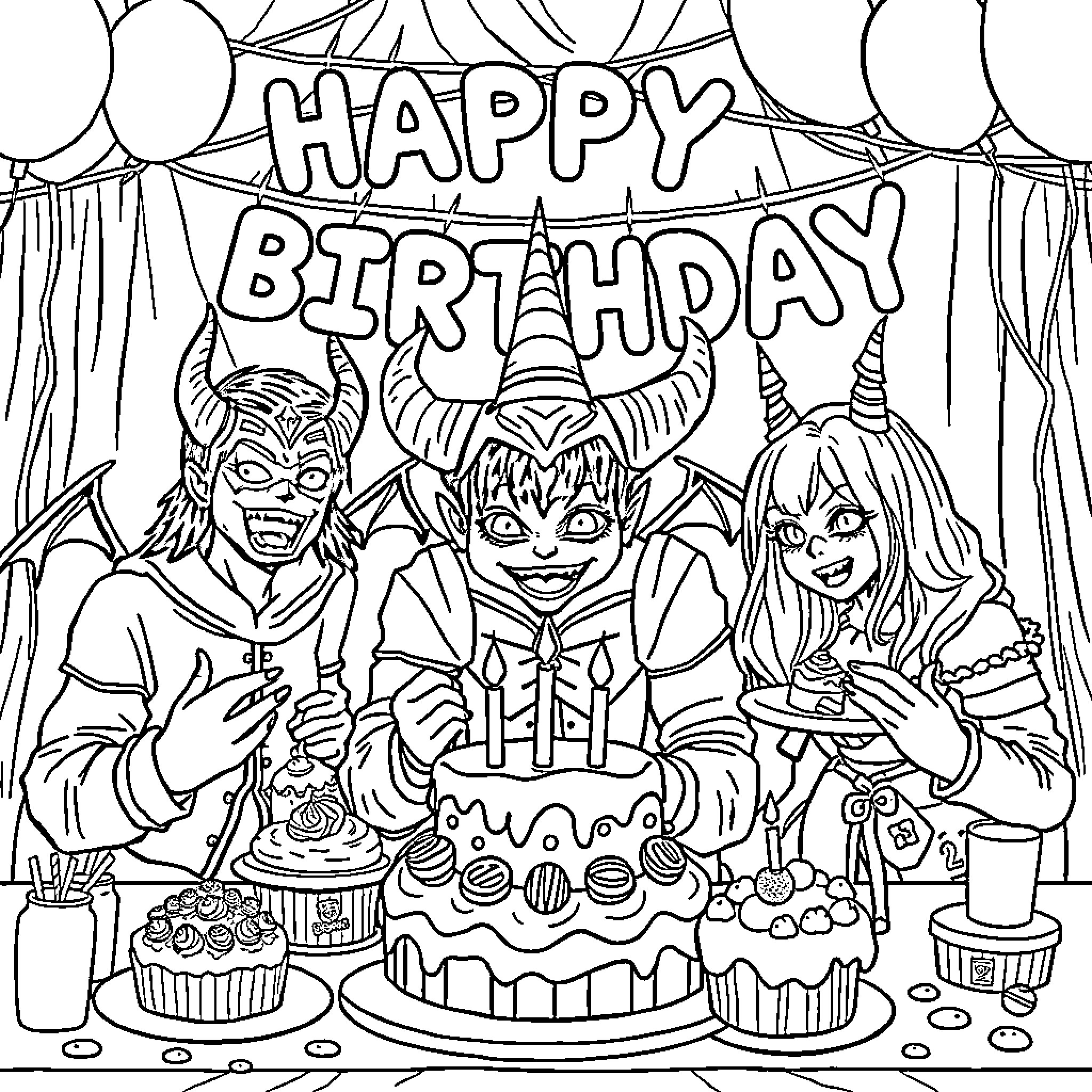 Kpop Demon Hunters Celebrate a Joyful Birthday Coloring Page (free black-and-white line drawing printable PDF for all, from beginners to advanced learners, including children, teens, adults, and seniors)