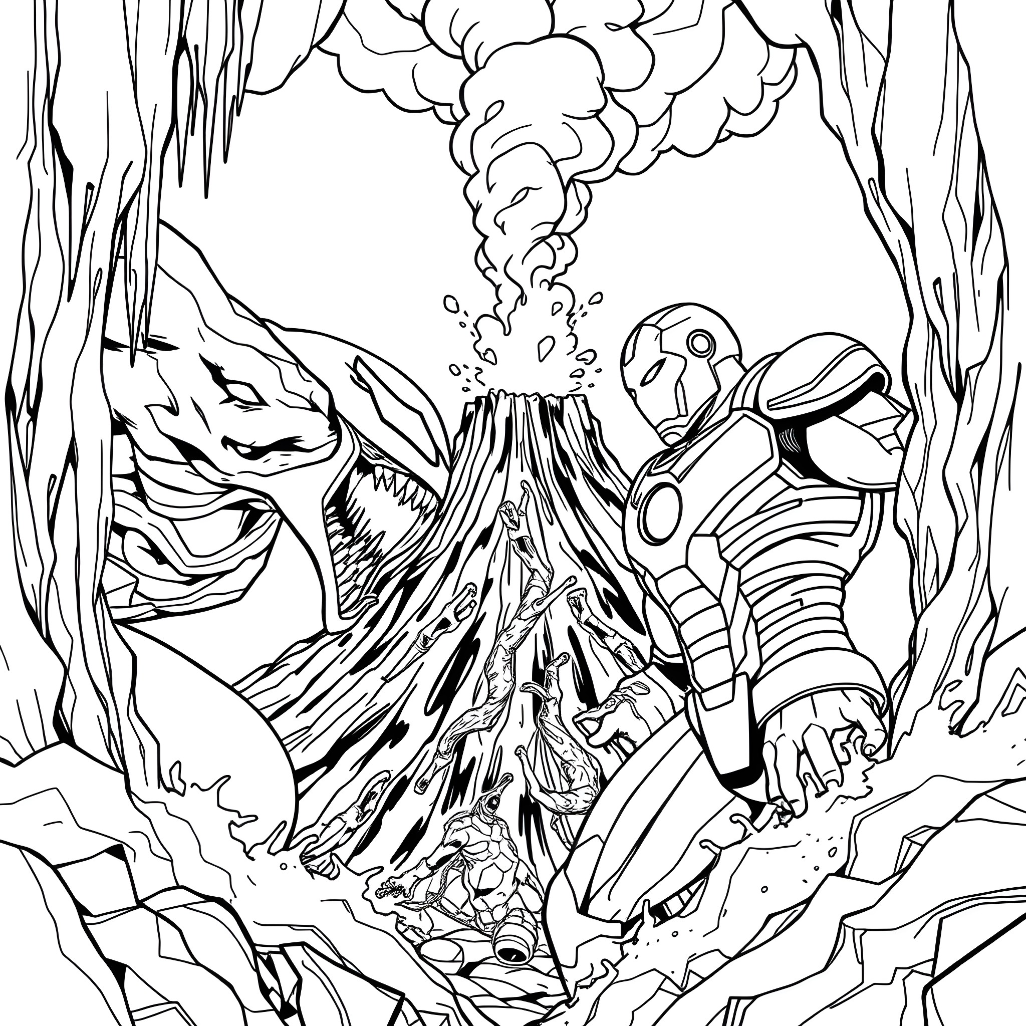 Venom Eruption: Chaotic Encounter with an Alien Creature Coloring Page (free black-and-white line drawing printable PDF for all, from beginners to advanced learners, including children, teens, adults, and seniors)