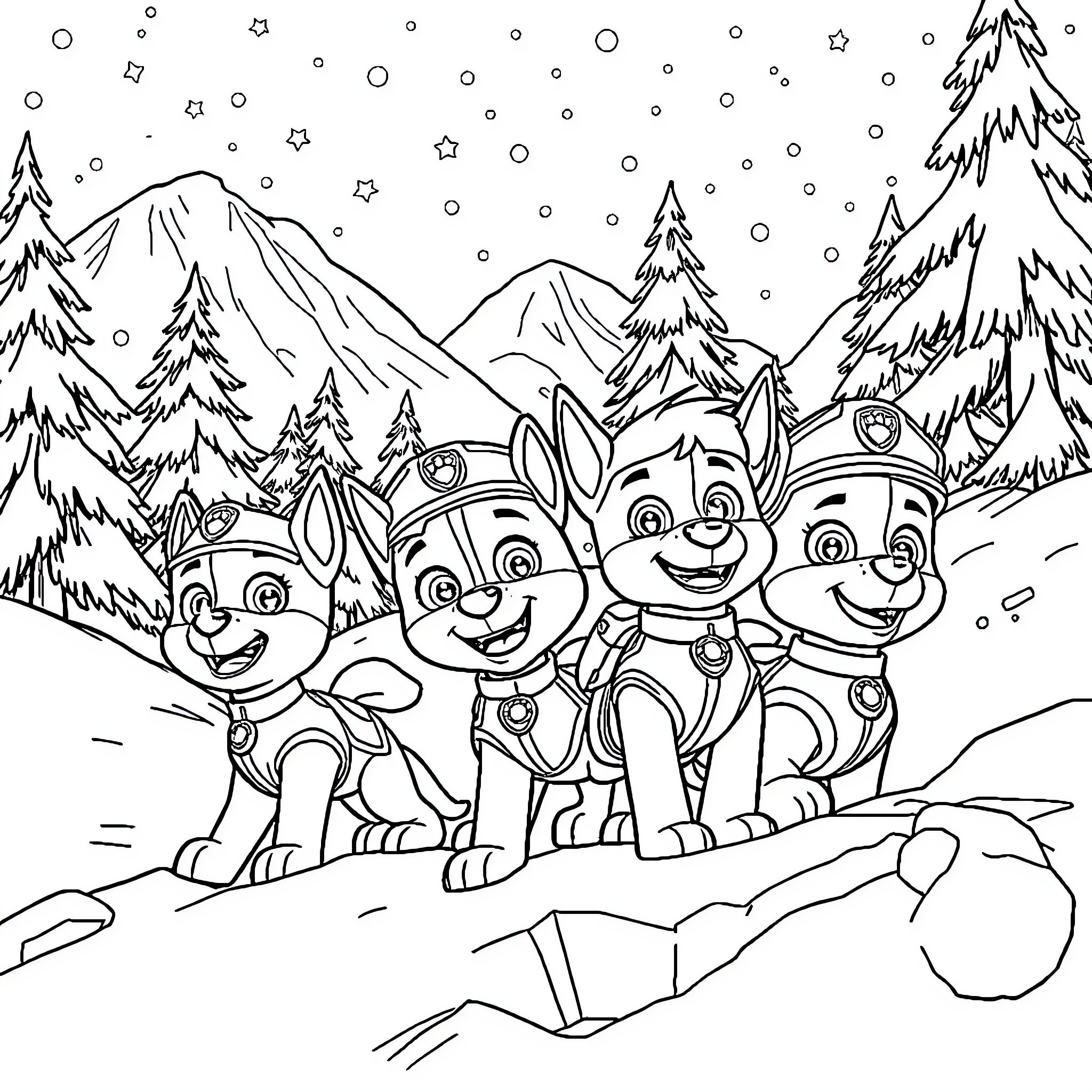 Paw Patrol Pups Exploring Winter Wonderland Coloring Page (free black-and-white line drawing printable PDF for all, from beginners to advanced learners, including children, teens, adults, and seniors)