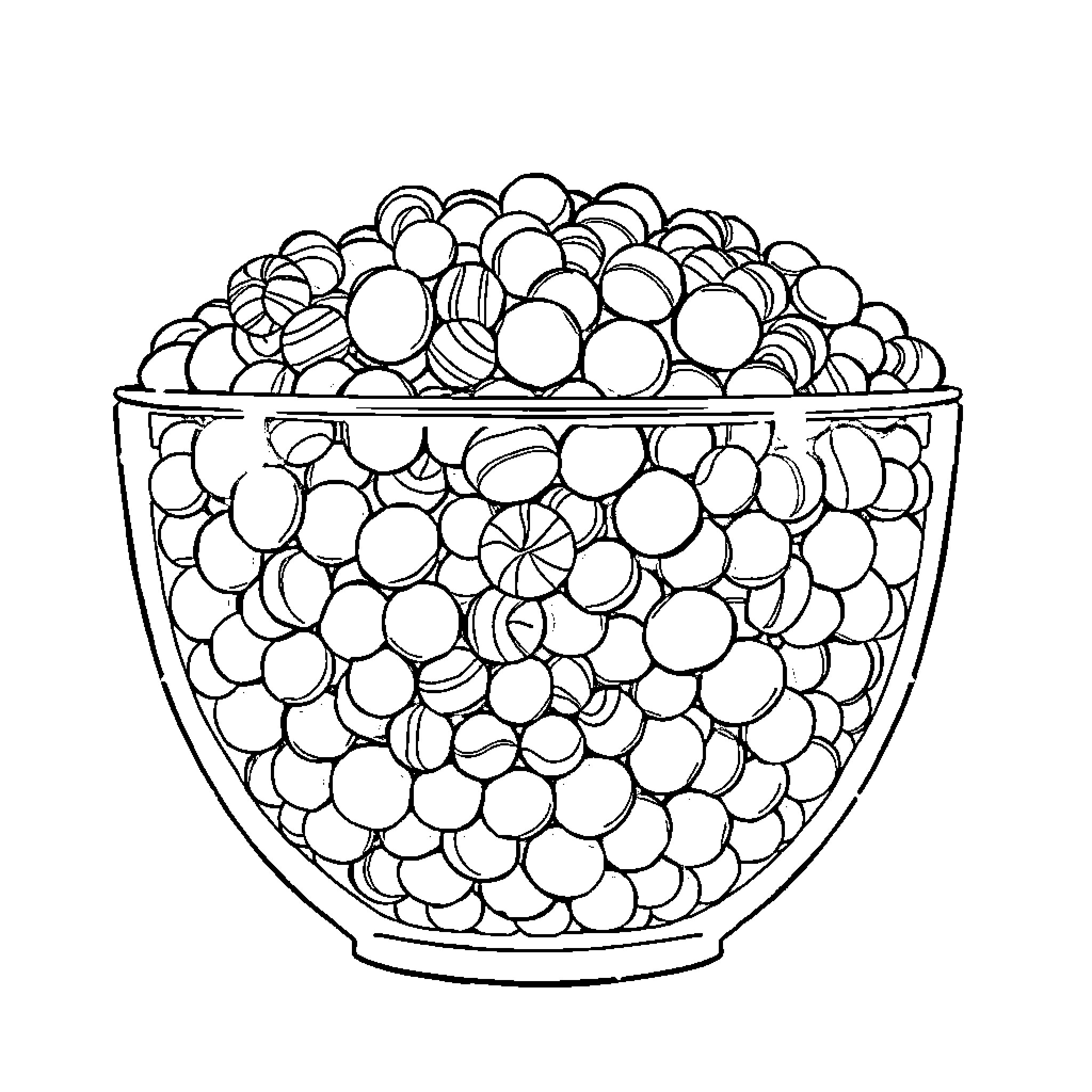 Candy-Filled Glass Bowl Coloring Page (free black-and-white line drawing printable PDF for all, from beginners to advanced learners, including children, teens, adults, and seniors)