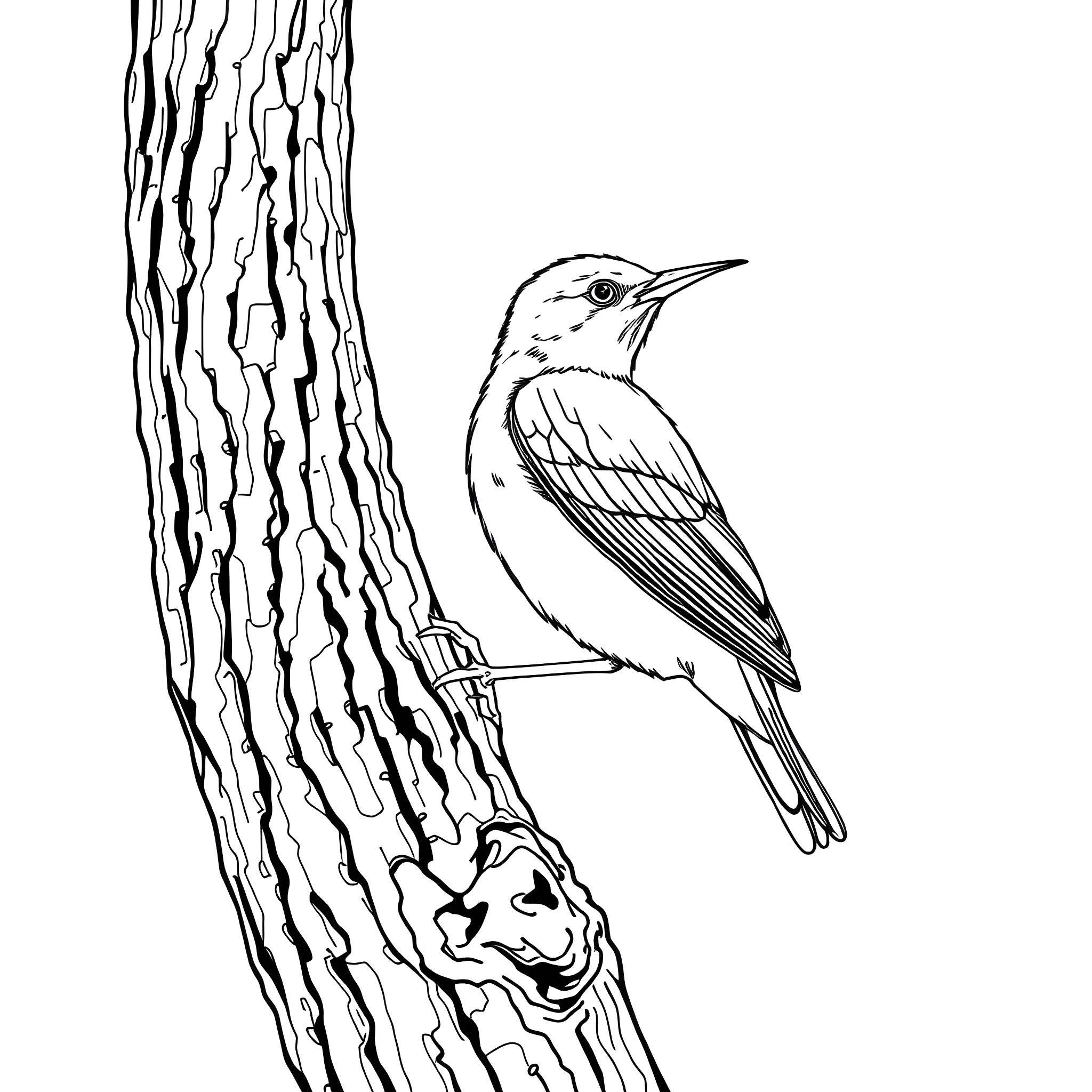 Hammer Bird Perching on a Textured Tree Trunk Coloring Page (free black-and-white line drawing printable PDF for all, from beginners to advanced learners, including children, teens, adults, and seniors)
