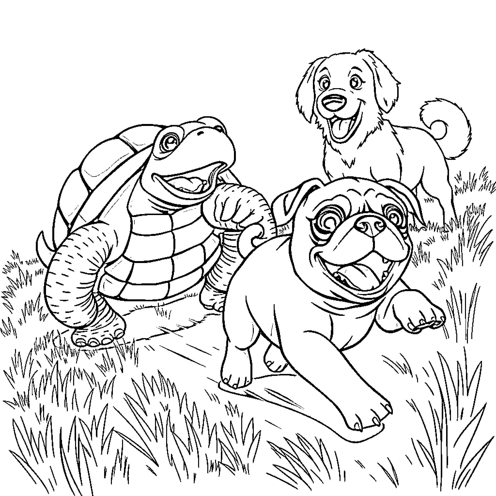 Bowser and his animal friends playing in the grass Coloring Page (free black-and-white line drawing printable PDF for all, from beginners to advanced learners, including children, teens, adults, and seniors)