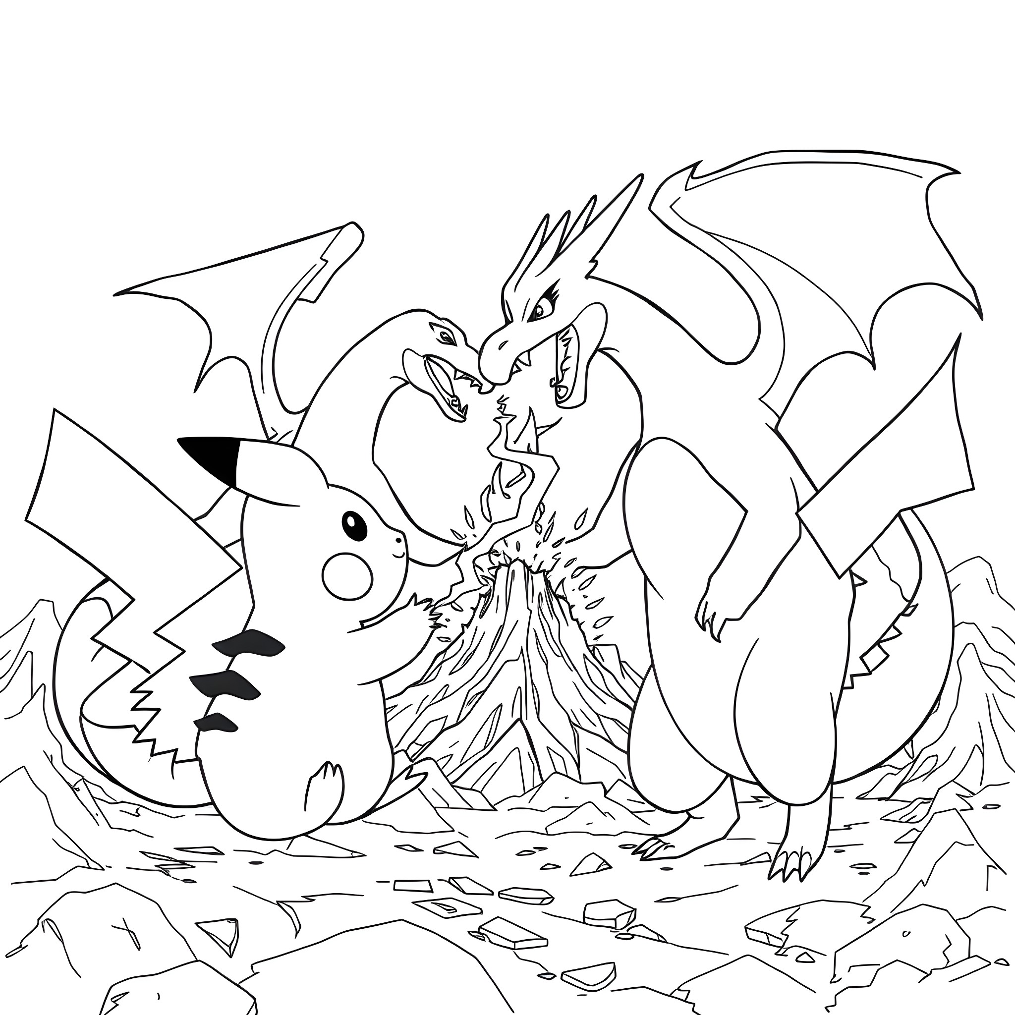 Pikachu battling a ferocious dragon Coloring Page (free black-and-white line drawing printable PDF for all, from beginners to advanced learners, including children, teens, adults, and seniors)