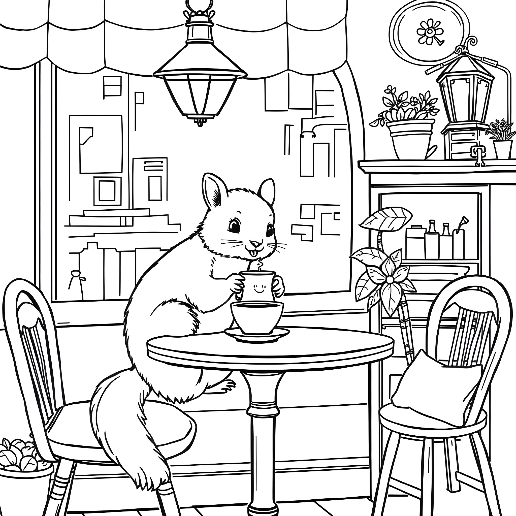 Animal enjoying a cozy indoor scene Coloring Page (free black-and-white line drawing printable PDF for all, from beginners to advanced learners, including children, teens, adults, and seniors)