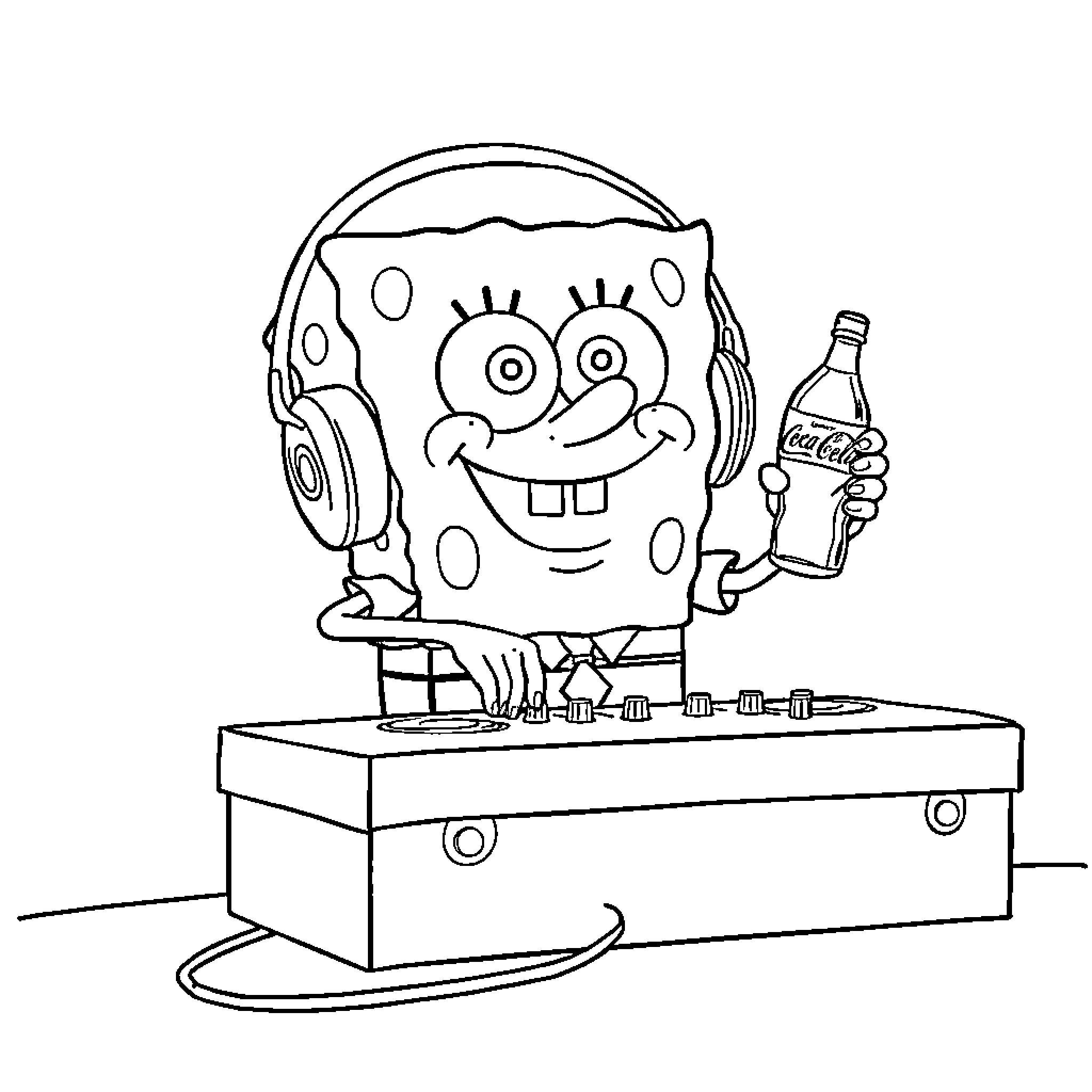 Spongebob enjoying music and soda Coloring Page (free black-and-white line drawing printable PDF for all, from beginners to advanced learners, including children, teens, adults, and seniors)