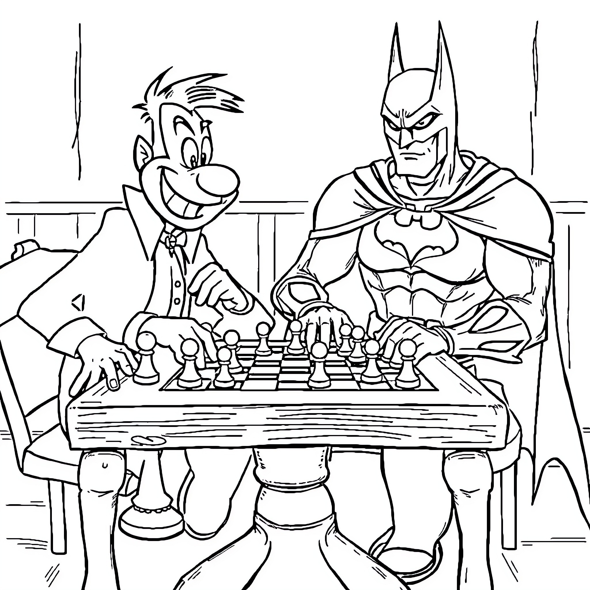 Gaston Lagaffe playing chess with a superhero Coloring Page (free black-and-white line drawing printable PDF for all, from beginners to advanced learners, including children, teens, adults, and seniors)