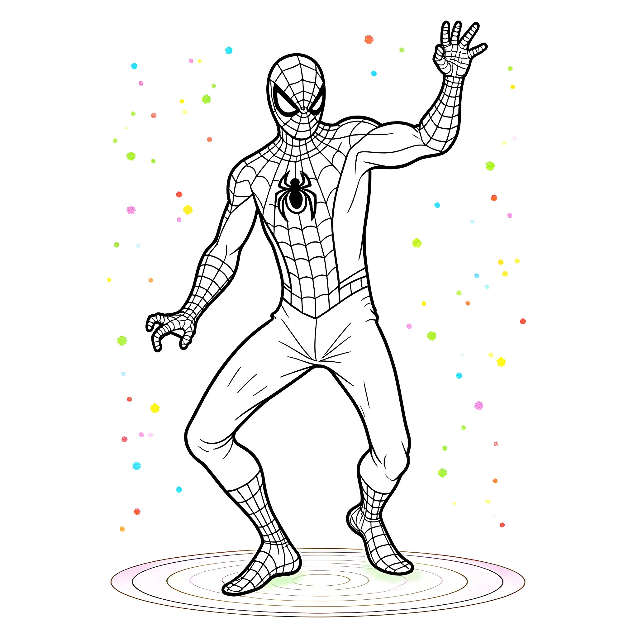 Spider-Man striking a heroic pose amidst colorful accents Coloring Page (free black-and-white line drawing printable PDF for all, from beginners to advanced learners, including children, teens, adults, and seniors)