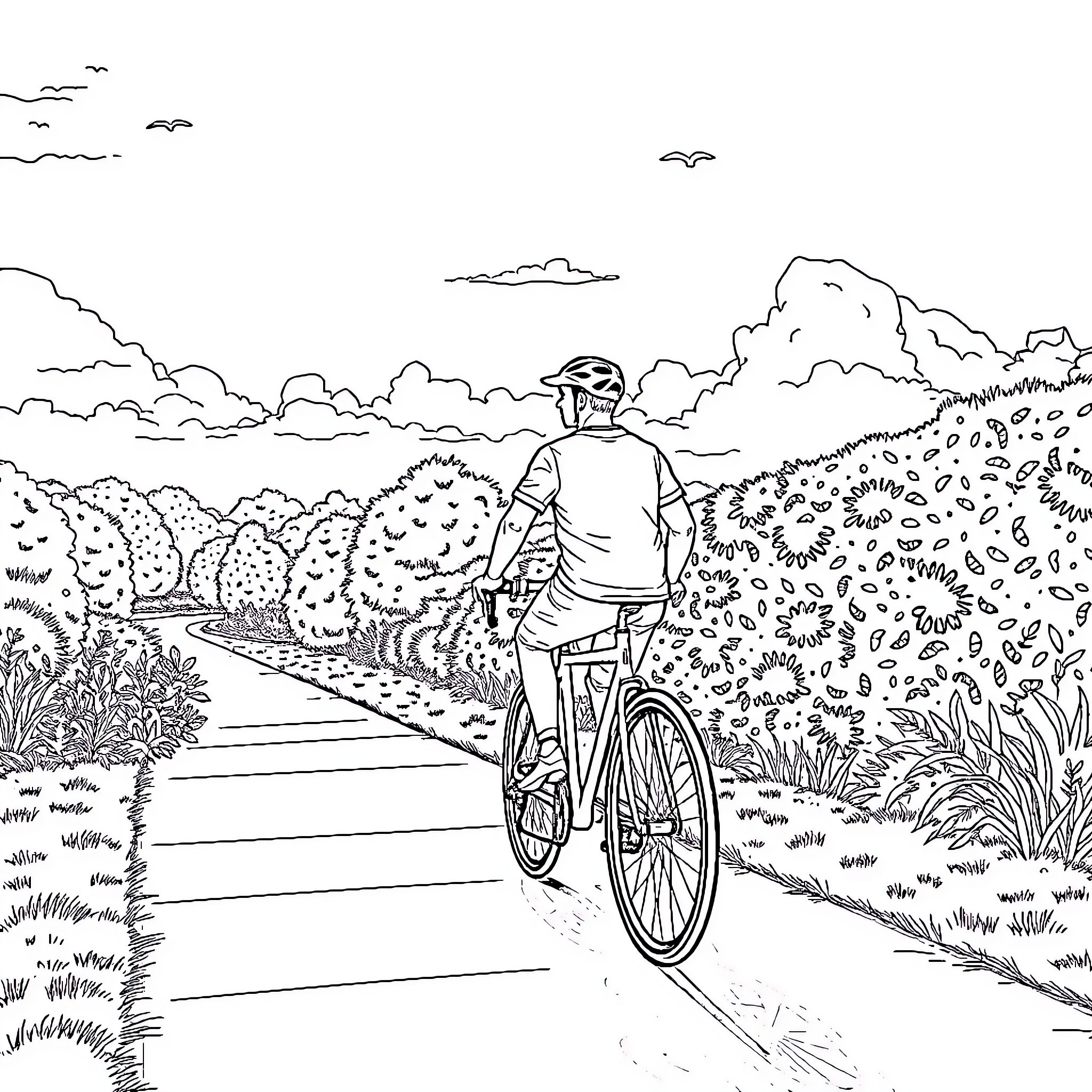 Man riding bicycle on a path through nature Coloring Page (free black-and-white line drawing printable PDF for all, from beginners to advanced learners, including children, teens, adults, and seniors)