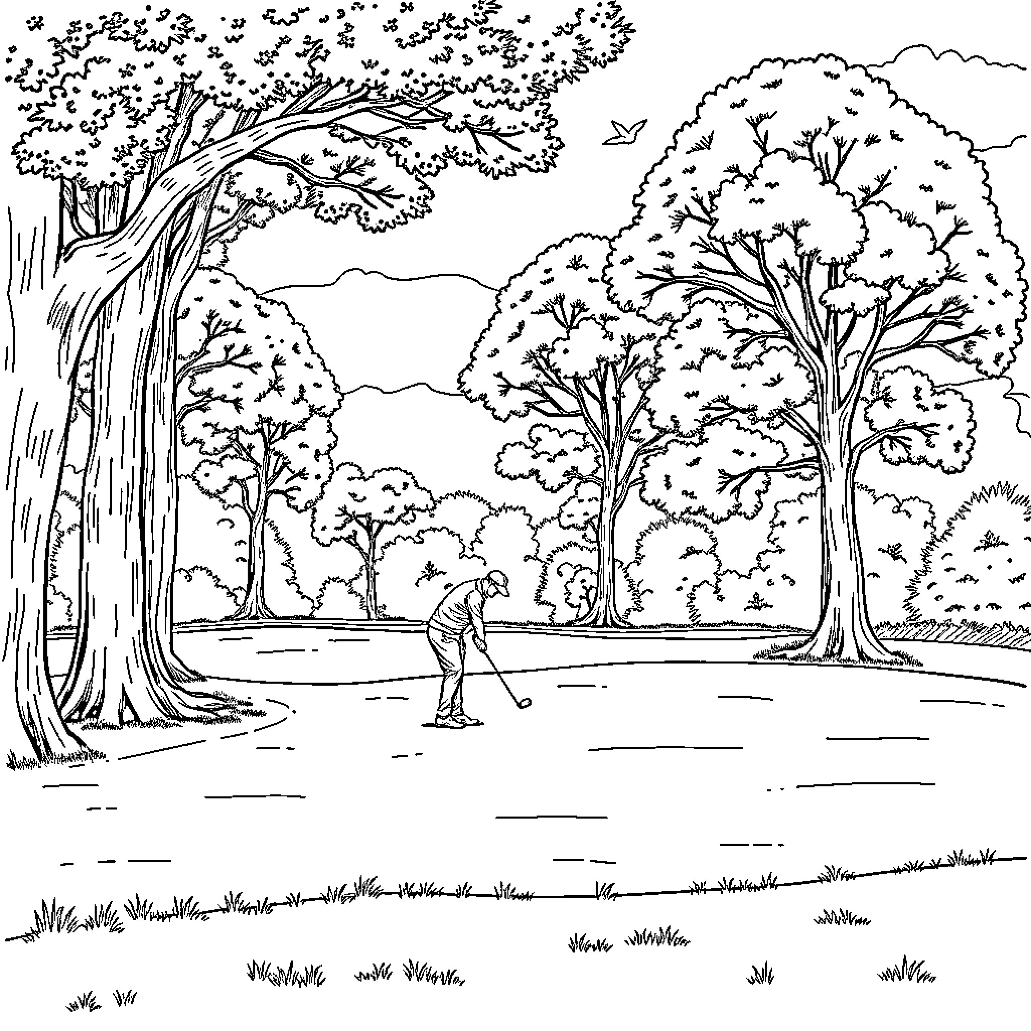 Golf player practicing swing in tranquil forest Coloring Page (free black-and-white line drawing printable PDF for all, from beginners to advanced learners, including children, teens, adults, and seniors)