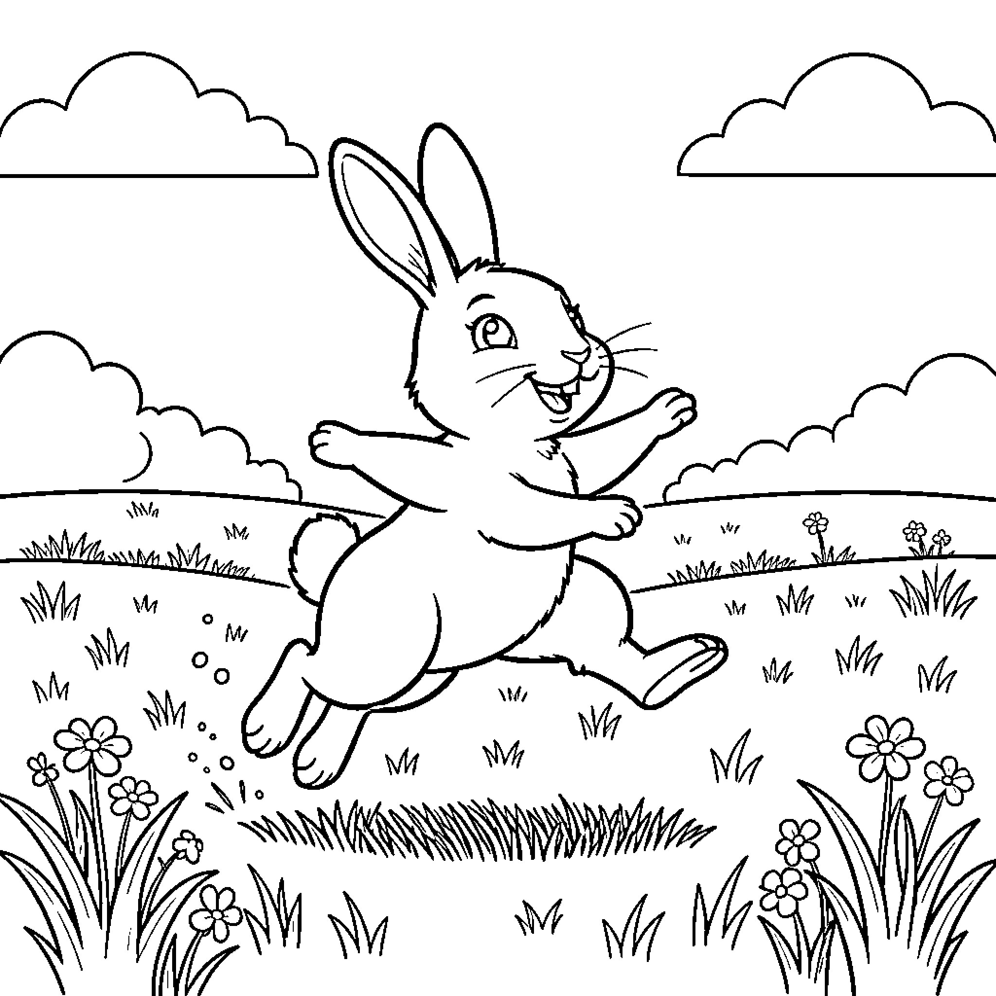 Rabbit hopping happily in a grassy field Coloring Page (free black-and-white line drawing printable PDF for all, from beginners to advanced learners, including children, teens, adults, and seniors)