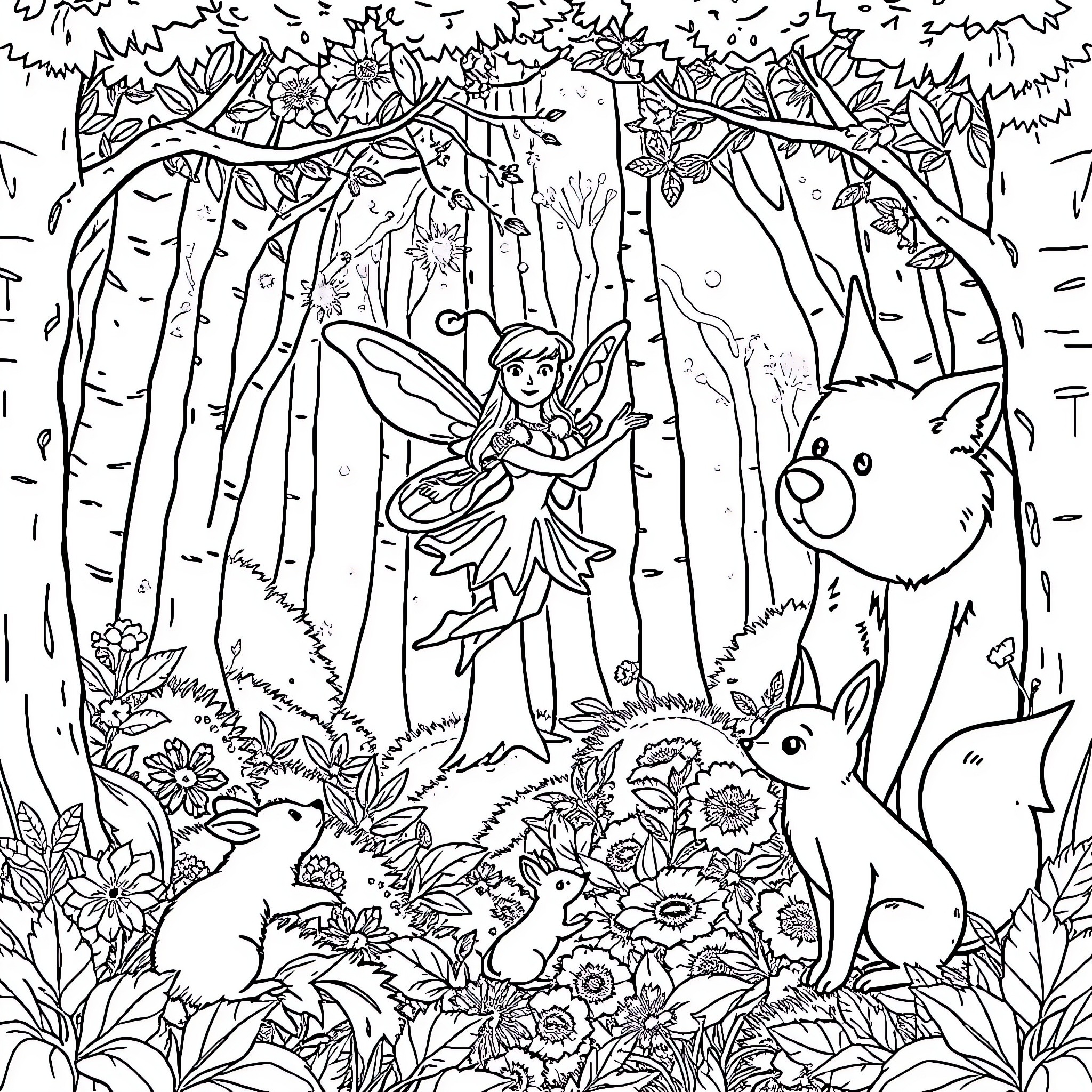 Fairy playing in enchanted forest Coloring Page (free black-and-white line drawing printable PDF for all, from beginners to advanced learners, including children, teens, adults, and seniors)