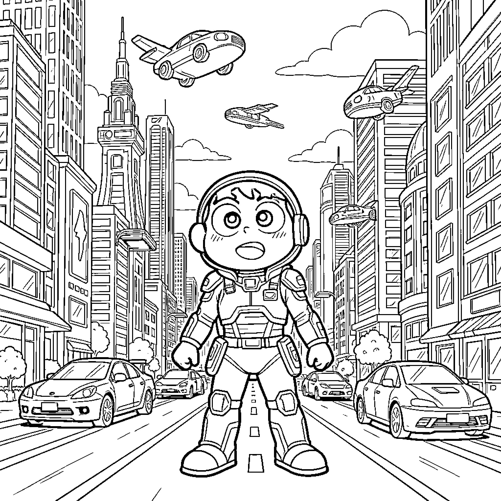 Shinchan's Futuristic Adventures in the City Coloring Page (free black-and-white line drawing printable PDF for all, from beginners to advanced learners, including children, teens, adults, and seniors)
