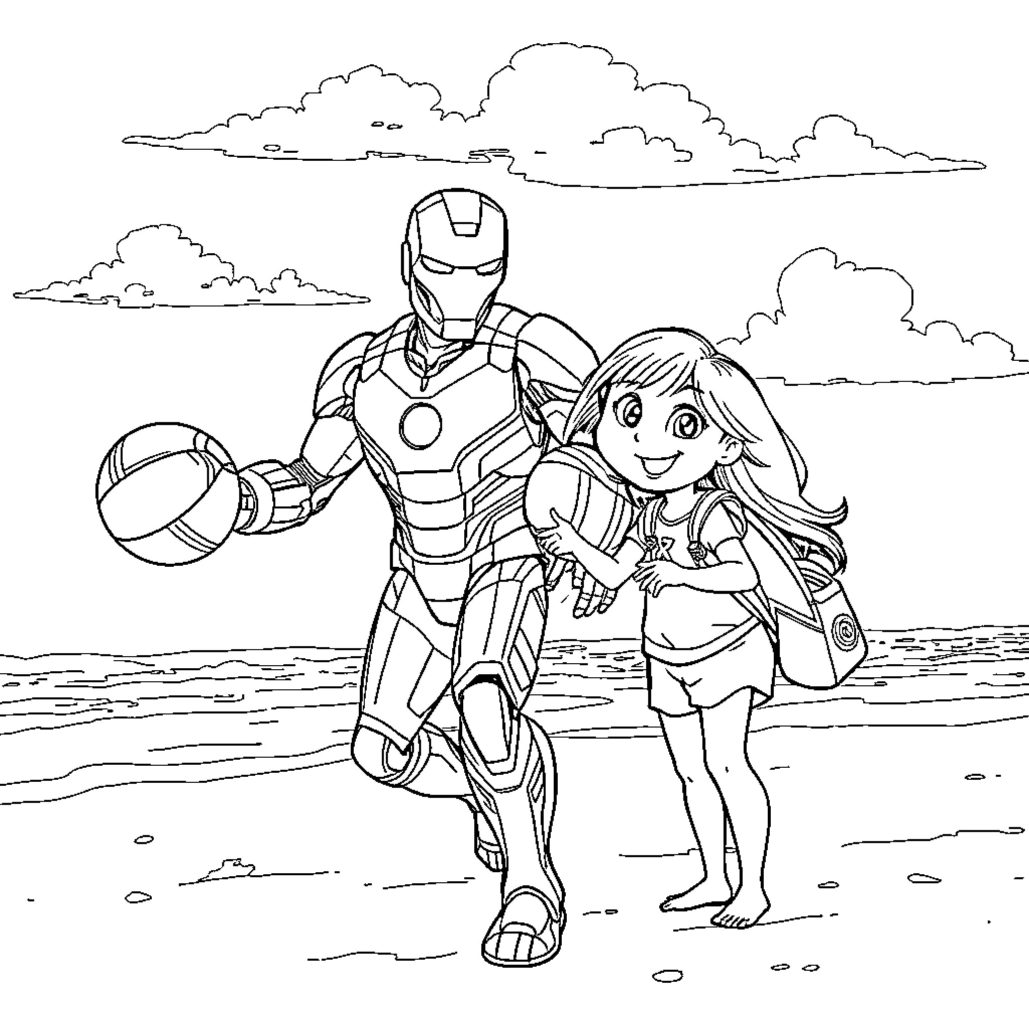 Ironman and young girl explore seaside adventure Coloring Page (free black-and-white line drawing printable PDF for all, from beginners to advanced learners, including children, teens, adults, and seniors)