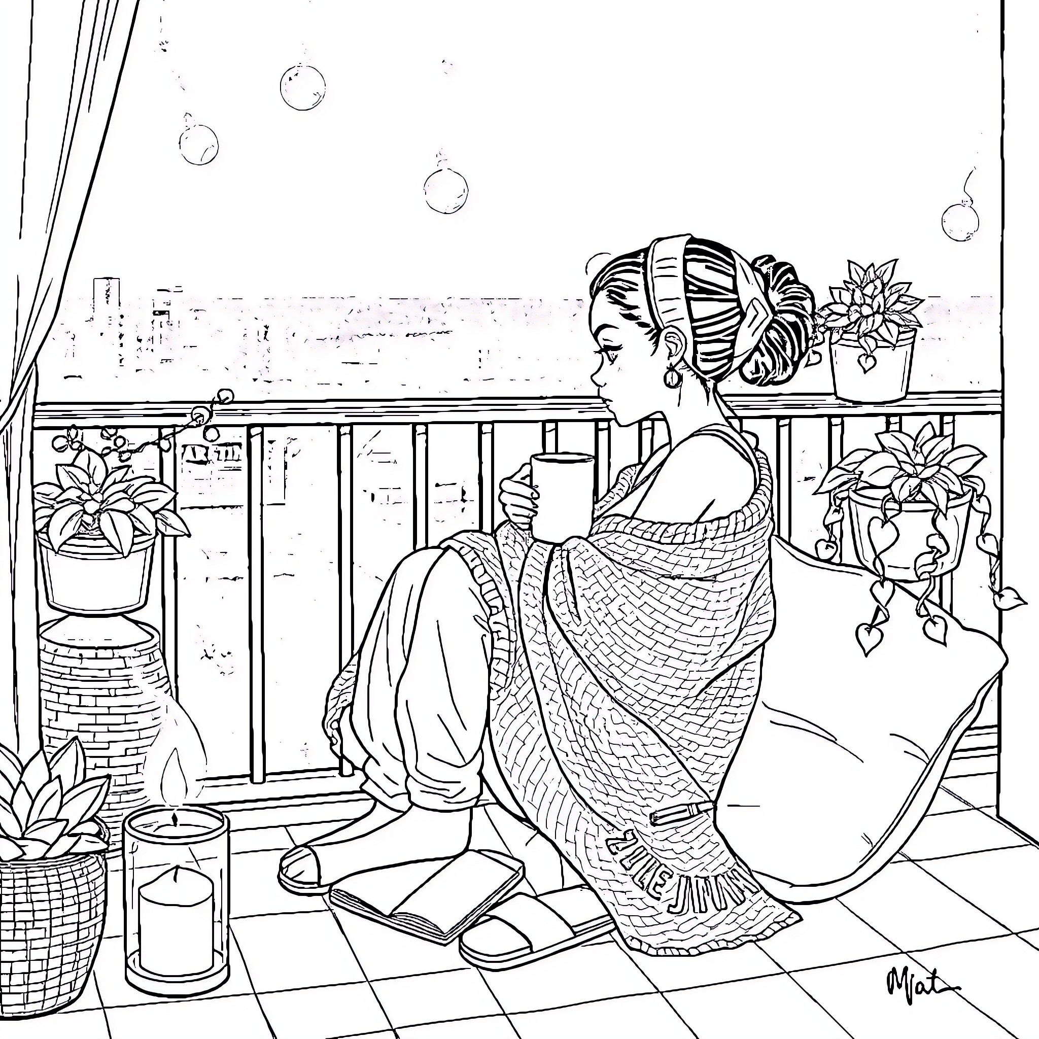Girl relaxing in cozy winter setting Coloring Page (free black-and-white line drawing printable PDF for all, from beginners to advanced learners, including children, teens, adults, and seniors)