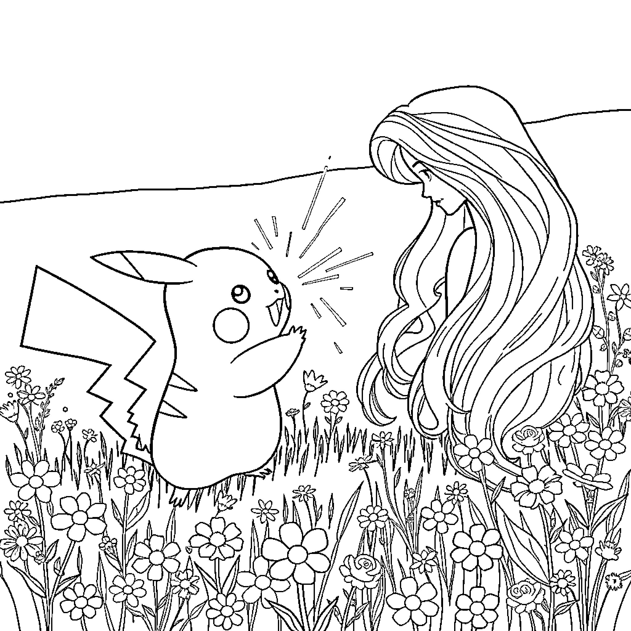 Pikachu playing cheerfully in a floral meadow Coloring Page (free black-and-white line drawing printable PDF for all, from beginners to advanced learners, including children, teens, adults, and seniors)