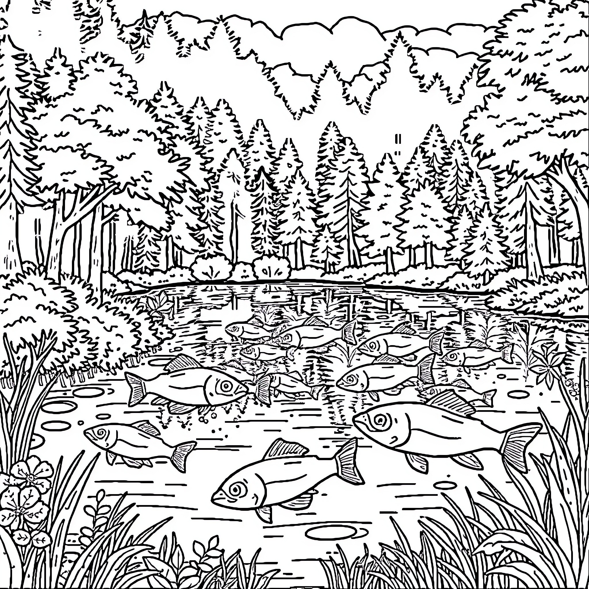 Lake with fish swimming in the woods Coloring Page (free black-and-white line drawing printable PDF for all, from beginners to advanced learners, including children, teens, adults, and seniors)