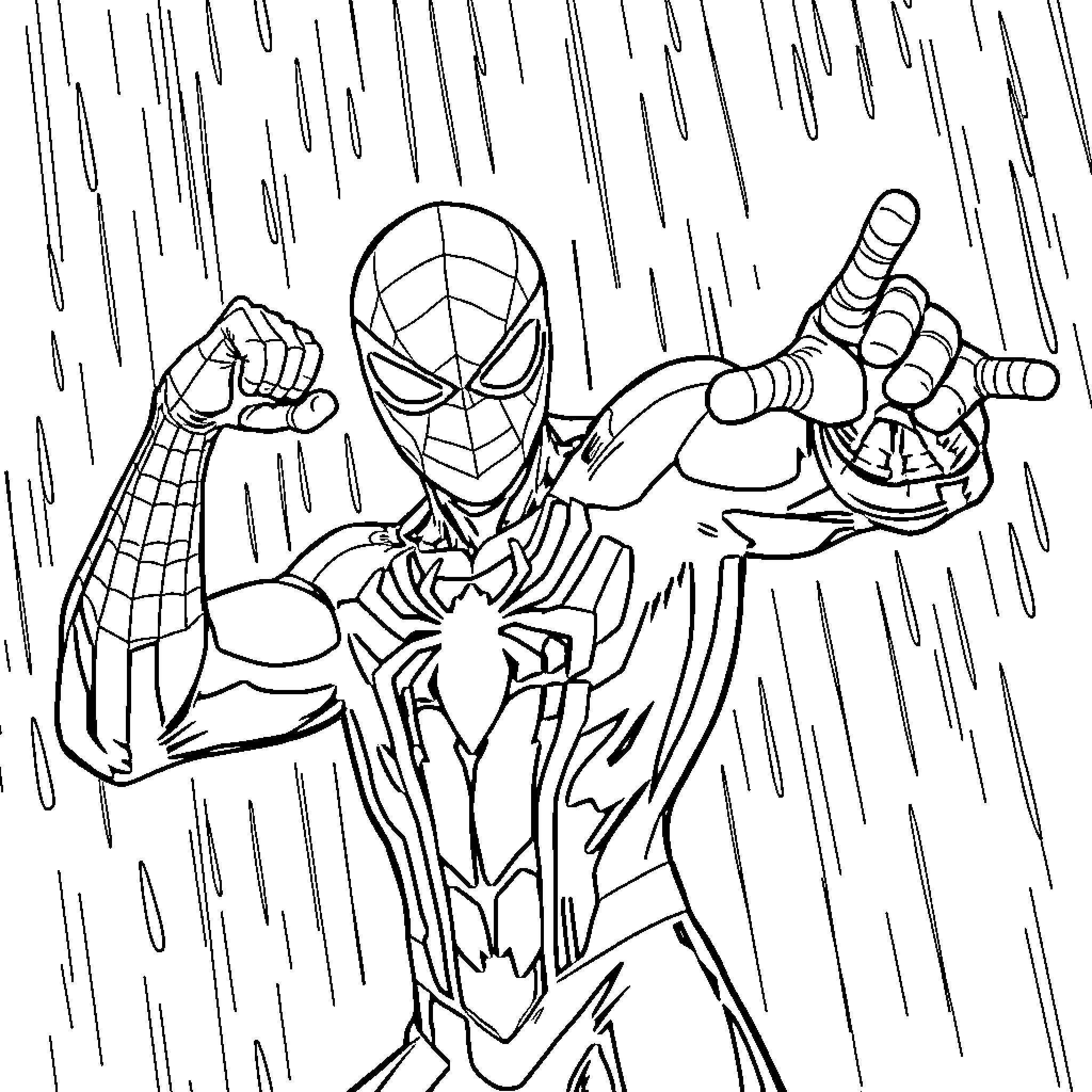 Spider-Man in action against the rain Coloring Page (free black-and-white line drawing printable PDF for all, from beginners to advanced learners, including children, teens, adults, and seniors)
