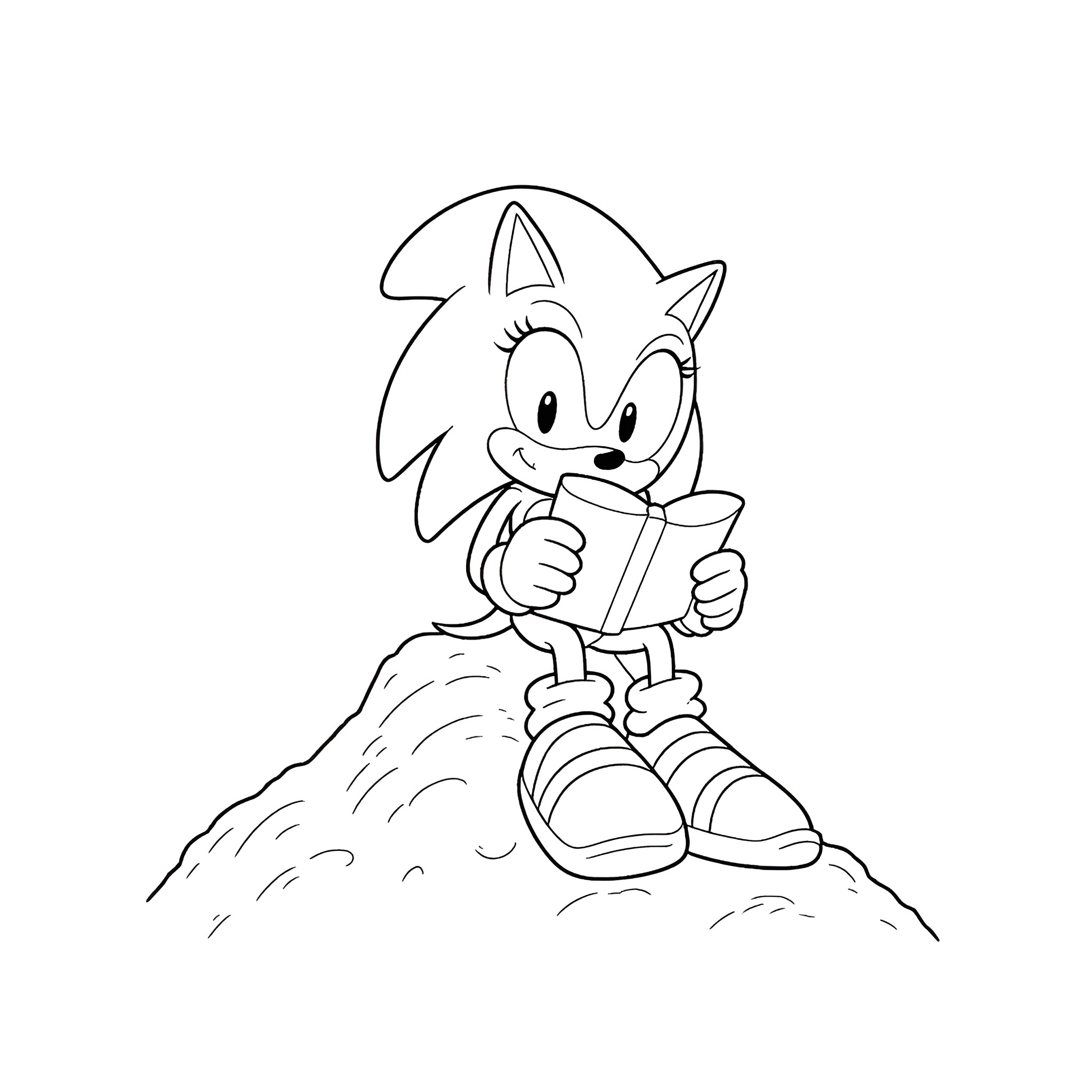 Sonic reading a book on a mound Coloring Page (free black-and-white line drawing printable PDF for all, from beginners to advanced learners, including children, teens, adults, and seniors)