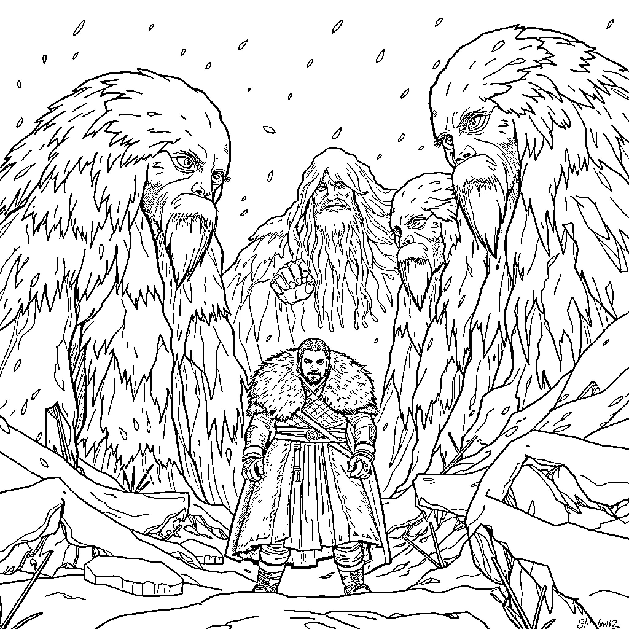 Jon Snow facing the Wildlings in the snowy wilderness Coloring Page (free black-and-white line drawing printable PDF for all, from beginners to advanced learners, including children, teens, adults, and seniors)
