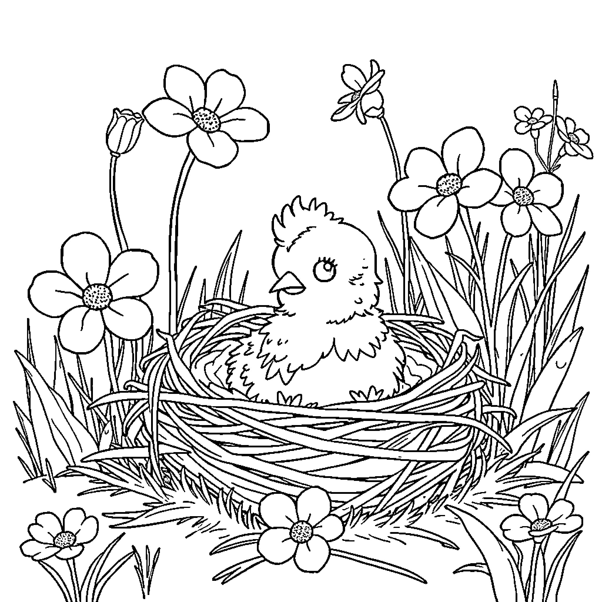 Chicken nestled in flower-filled meadow Coloring Page (free black-and-white line drawing printable PDF for all, from beginners to advanced learners, including children, teens, adults, and seniors)