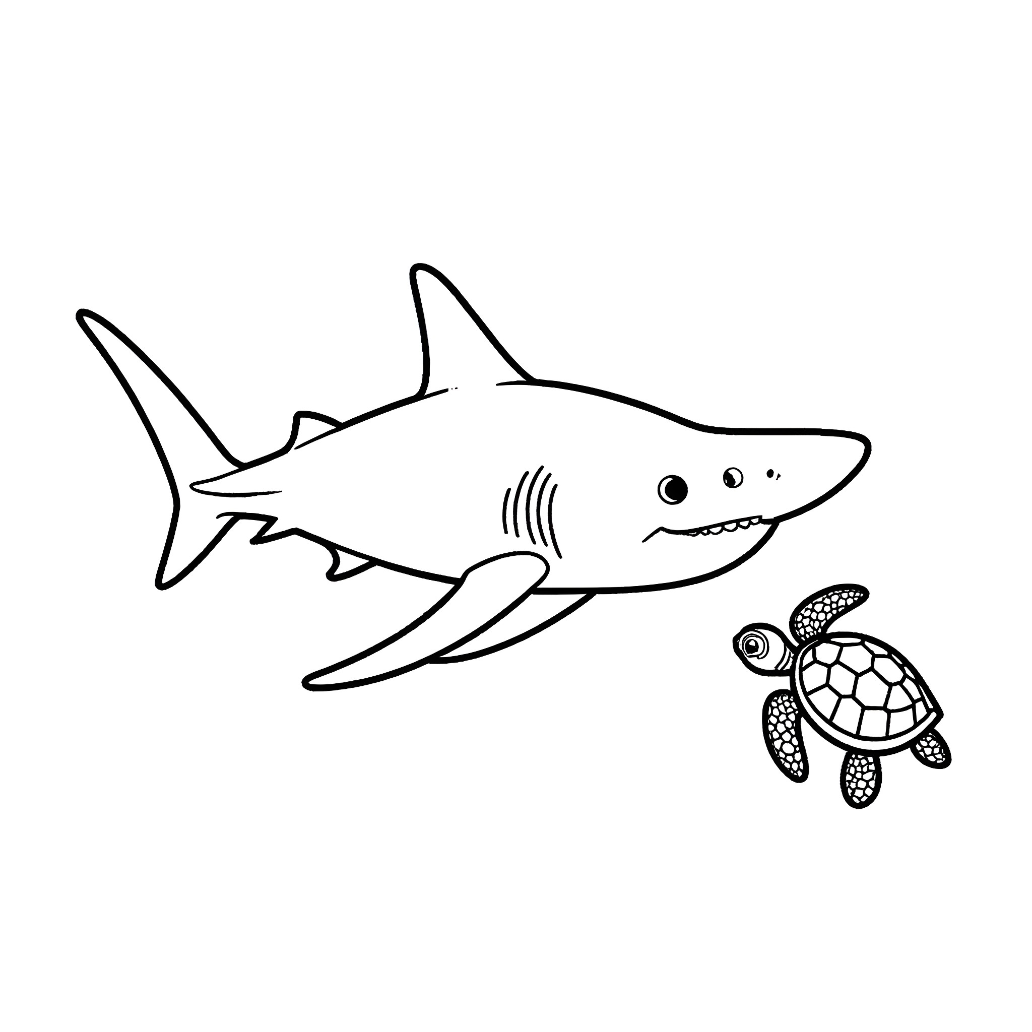 Shark chasing sea turtle in the ocean Coloring Page (free black-and-white line drawing printable PDF for all, from beginners to advanced learners, including children, teens, adults, and seniors)