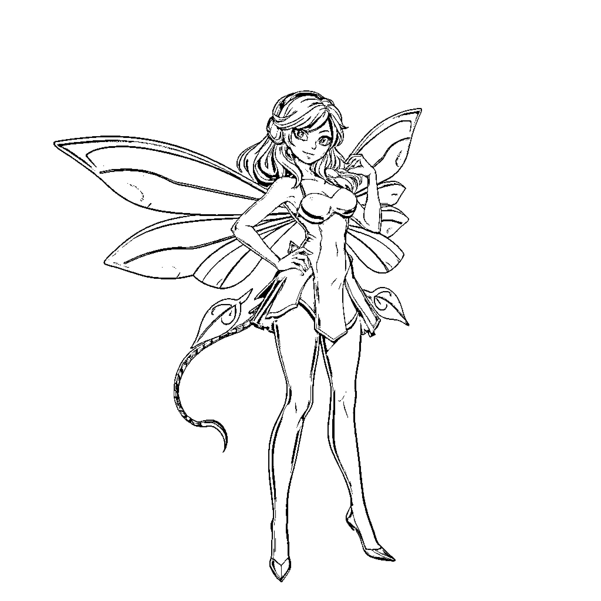 Fairy in a graceful pose with butterfly wings Coloring Page (free black-and-white line drawing printable PDF for all, from beginners to advanced learners, including children, teens, adults, and seniors)