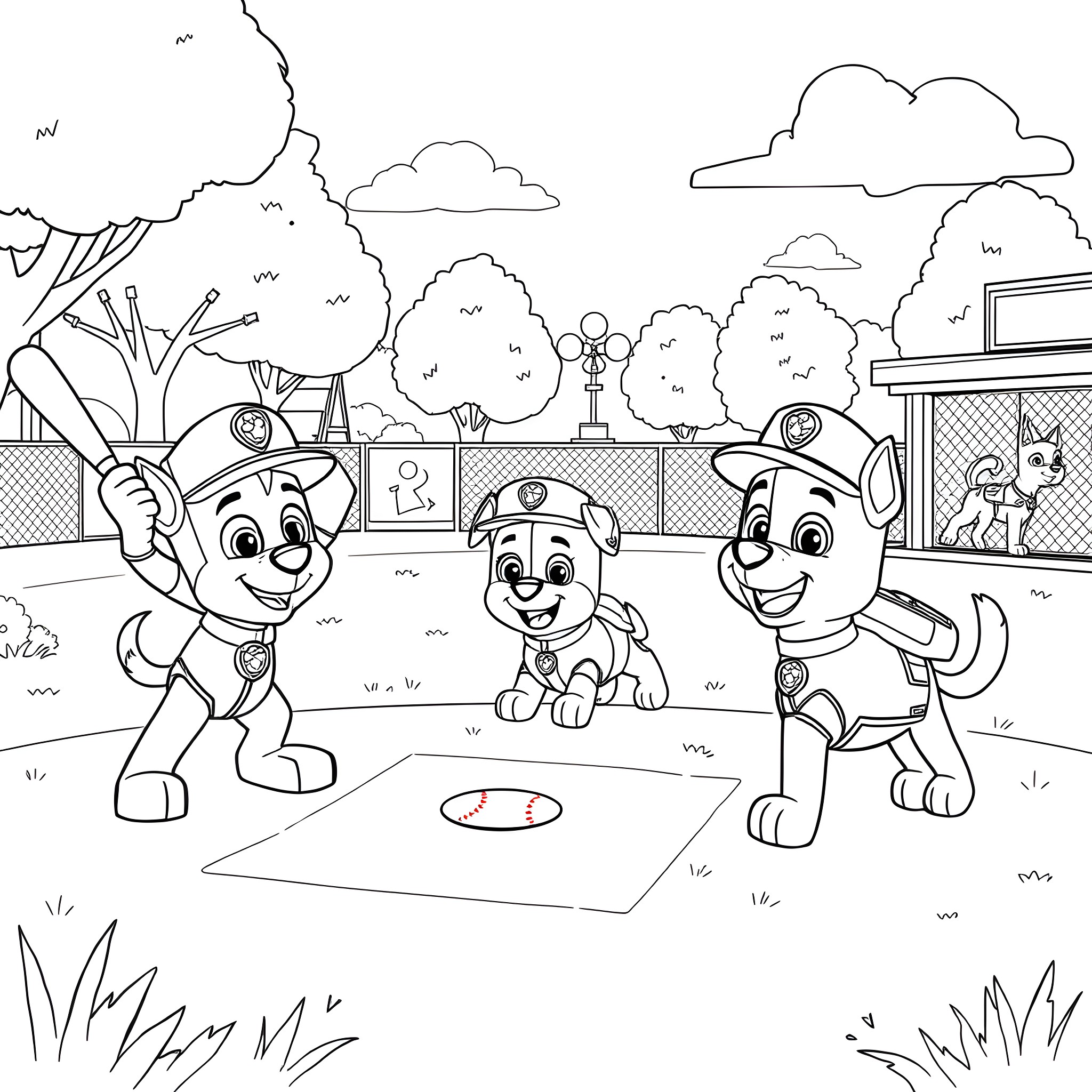 Paw Patrol characters playing in the park Coloring Page (free black-and-white line drawing printable PDF for all, from beginners to advanced learners, including children, teens, adults, and seniors)