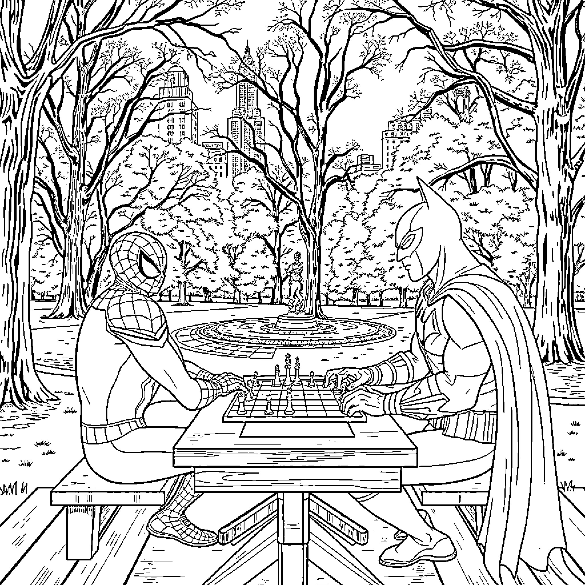 Spiderman and Villain playing chess in the park Coloring Page (free black-and-white line drawing printable PDF for all, from beginners to advanced learners, including children, teens, adults, and seniors)