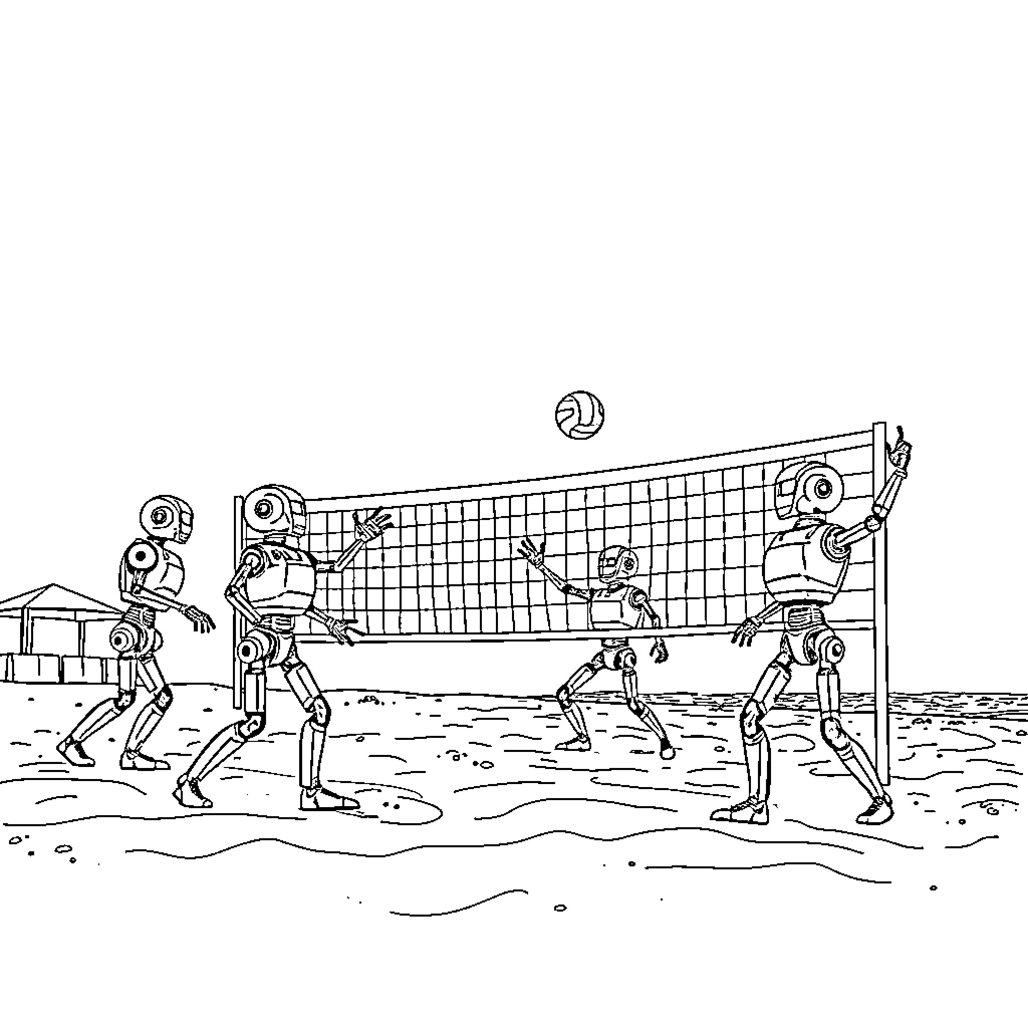 Robot volleyball players competing on the beach Coloring Page (free black-and-white line drawing printable PDF for all, from beginners to advanced learners, including children, teens, adults, and seniors)