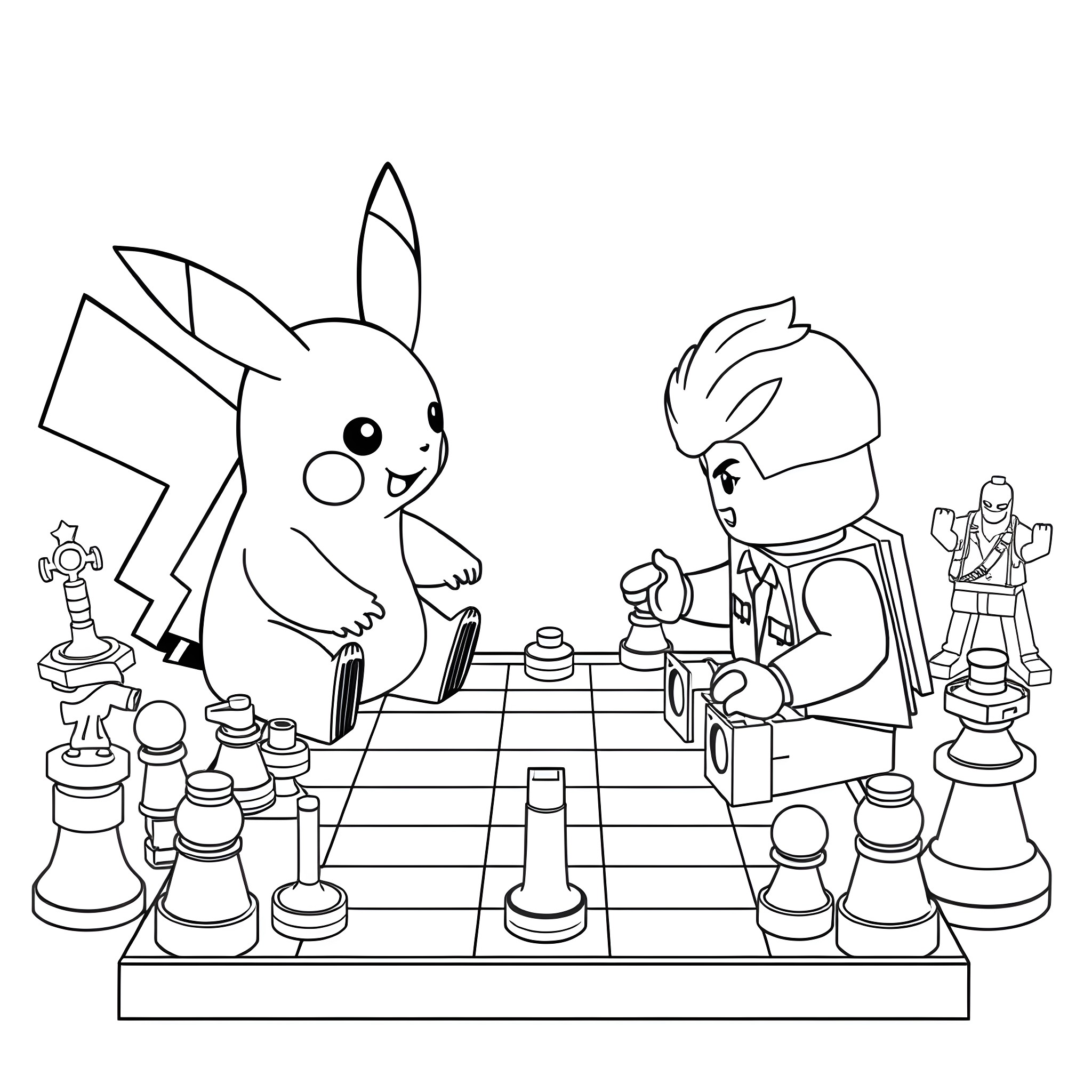 Pikachu playing chess with a person Coloring Page (free black-and-white line drawing printable PDF for all, from beginners to advanced learners, including children, teens, adults, and seniors)