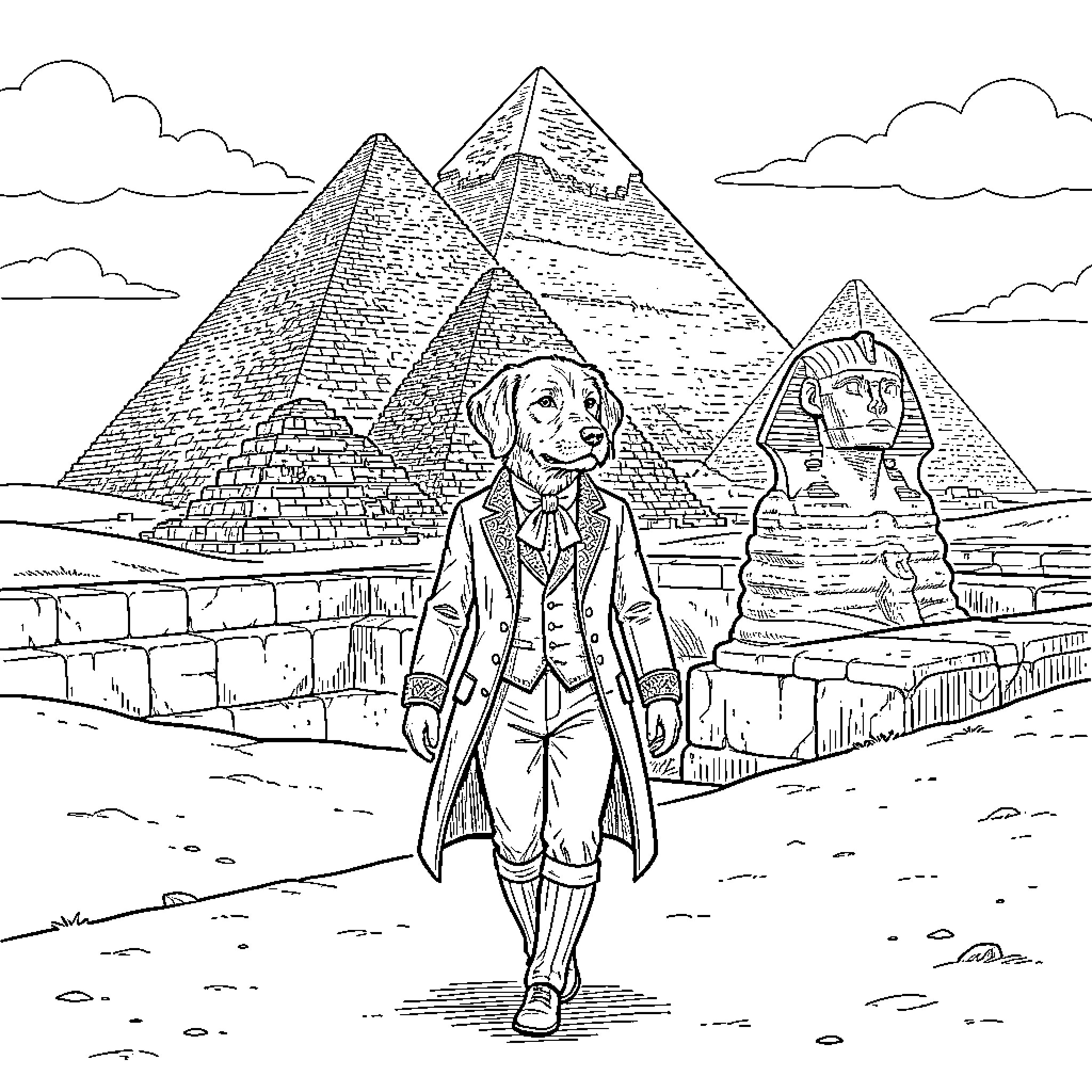 Perro exploring ancient Egyptian landmarks Coloring Page (free black-and-white line drawing printable PDF for all, from beginners to advanced learners, including children, teens, adults, and seniors)