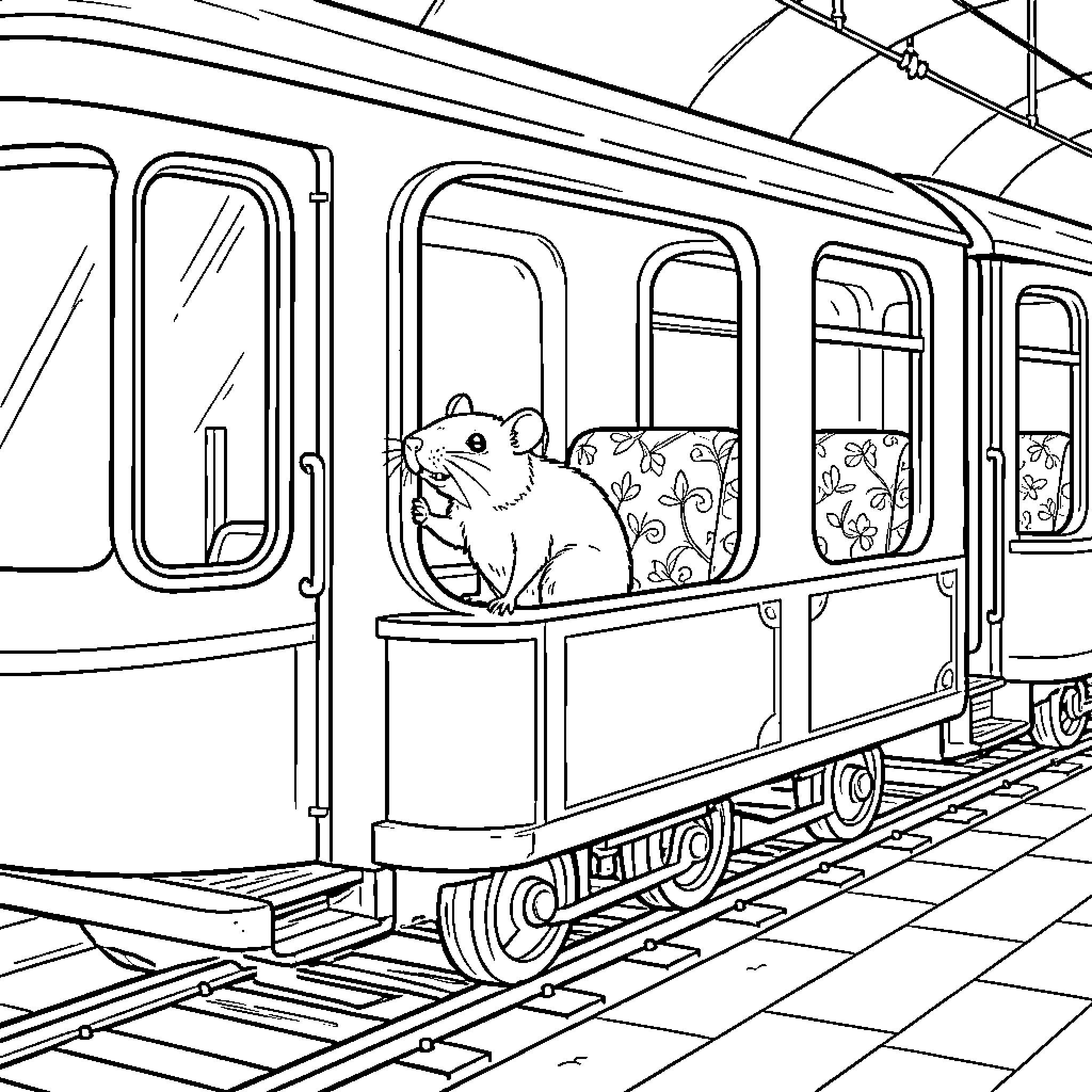 Rat riding the train with curiosity Coloring Page (free black-and-white line drawing printable PDF for all, from beginners to advanced learners, including children, teens, adults, and seniors)