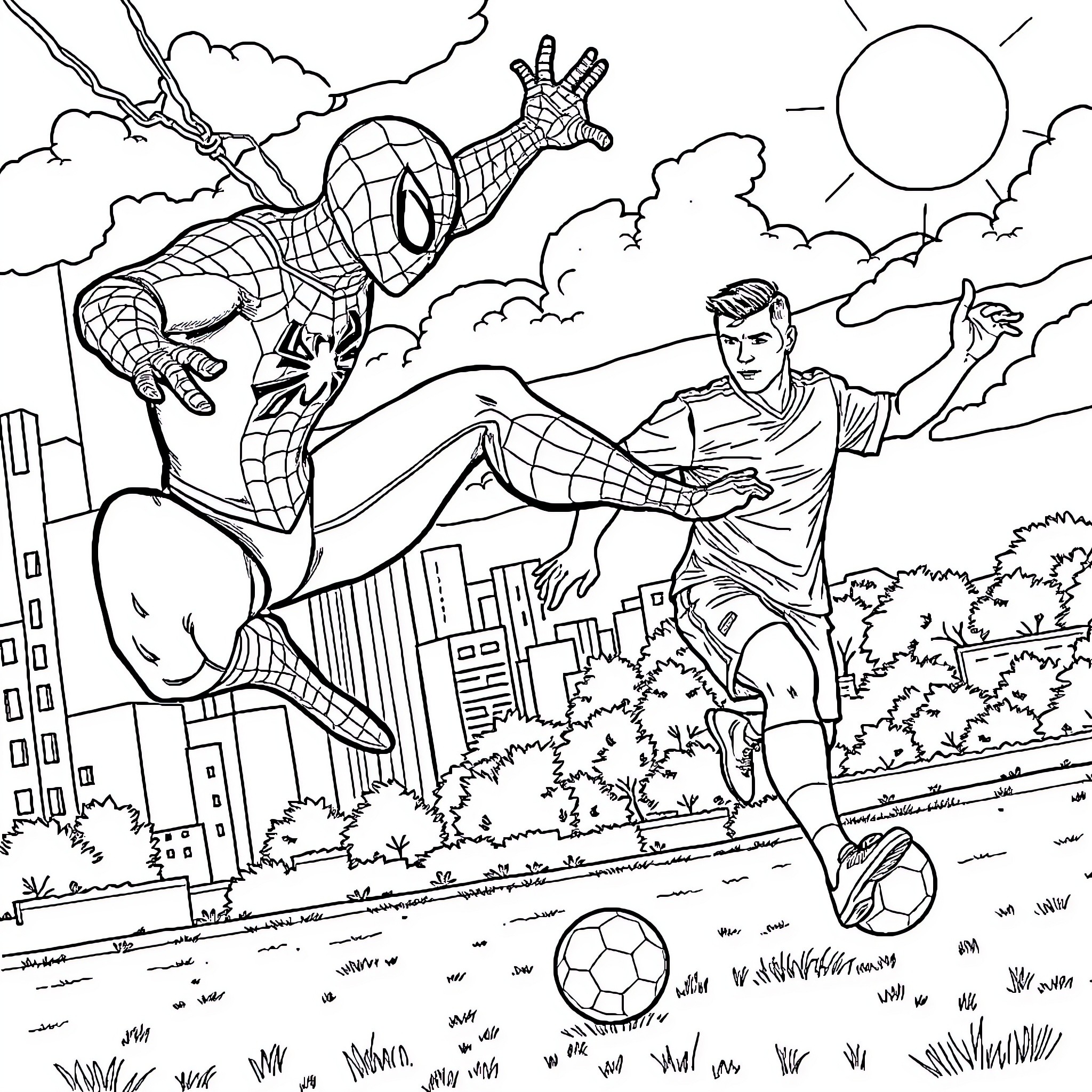 Spiderman rescuing a person in a city landscape Coloring Page (free black-and-white line drawing printable PDF for all, from beginners to advanced learners, including children, teens, adults, and seniors)