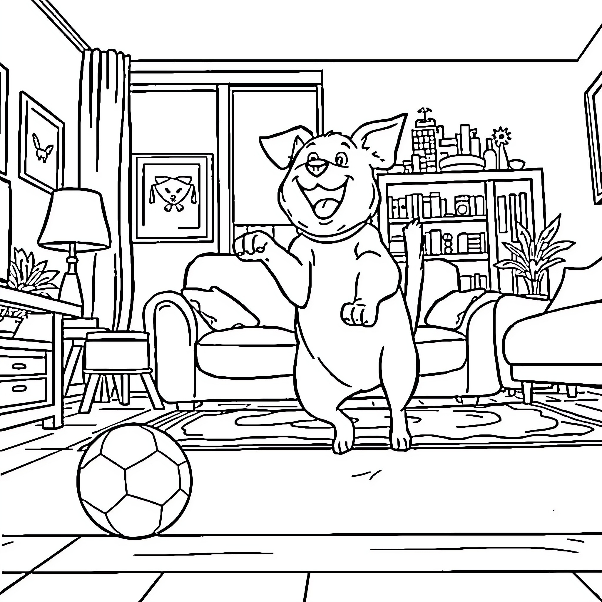 Dog playing with soccer ball in living room Coloring Page (free black-and-white line drawing printable PDF for all, from beginners to advanced learners, including children, teens, adults, and seniors)
