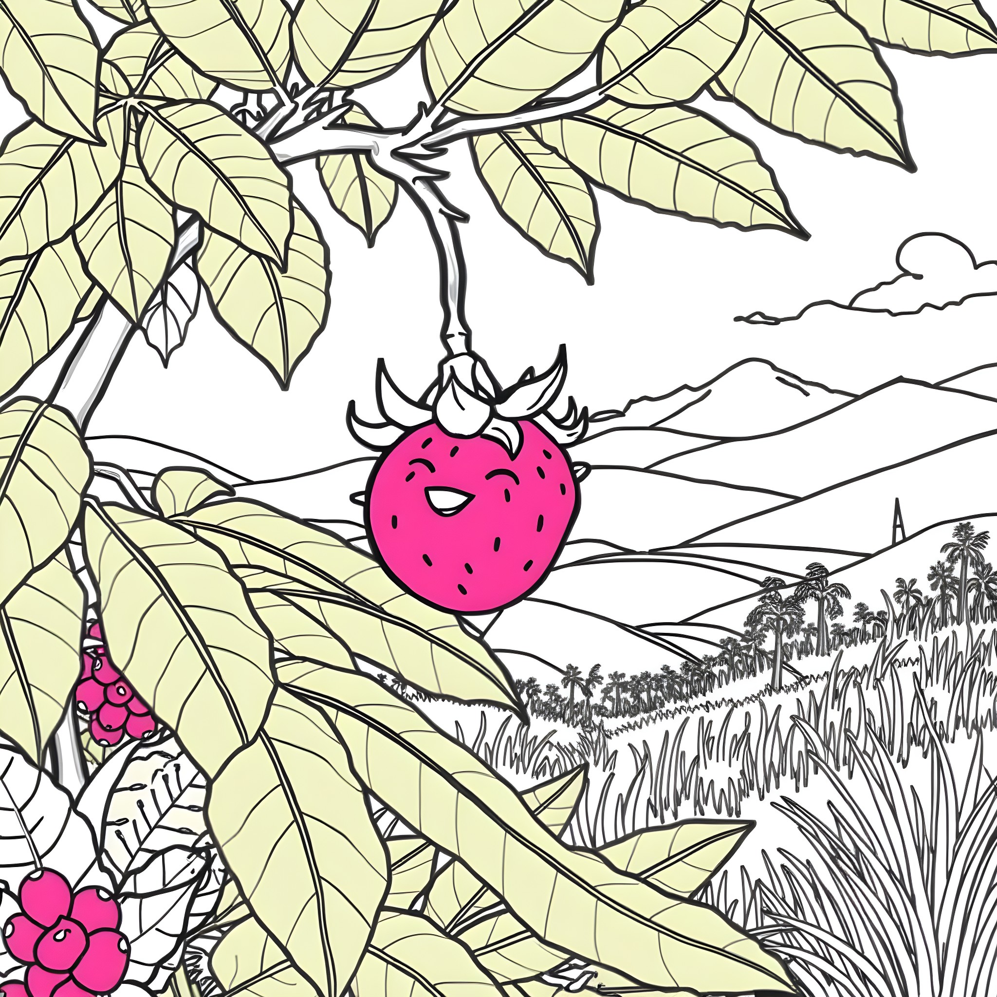 Dragonfruit in a tropical paradise Coloring Page (free black-and-white line drawing printable PDF for all, from beginners to advanced learners, including children, teens, adults, and seniors)