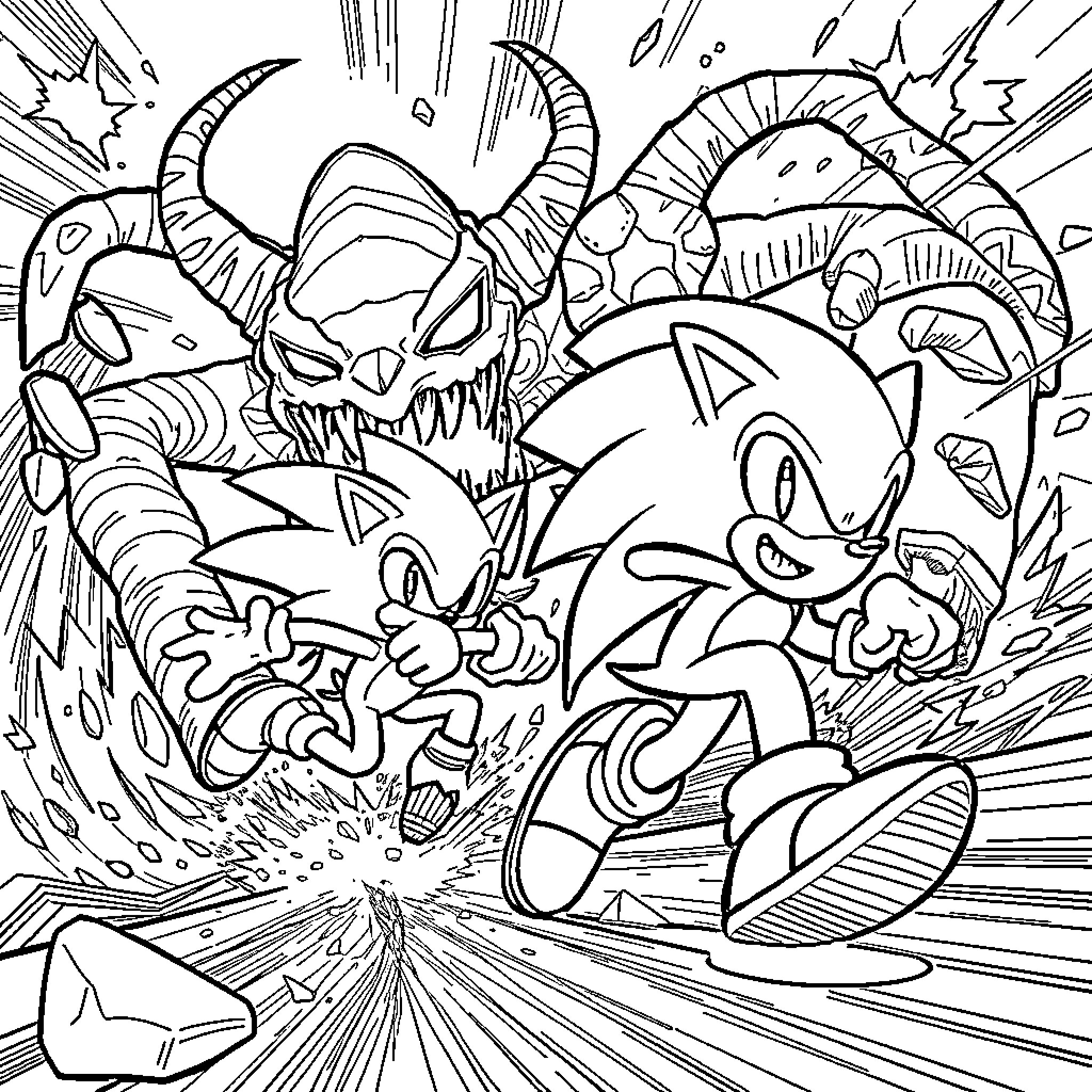 Sonic's Explosive Adventure with Chaotic Creatures Coloring Page (free black-and-white line drawing printable PDF for all, from beginners to advanced learners, including children, teens, adults, and seniors)