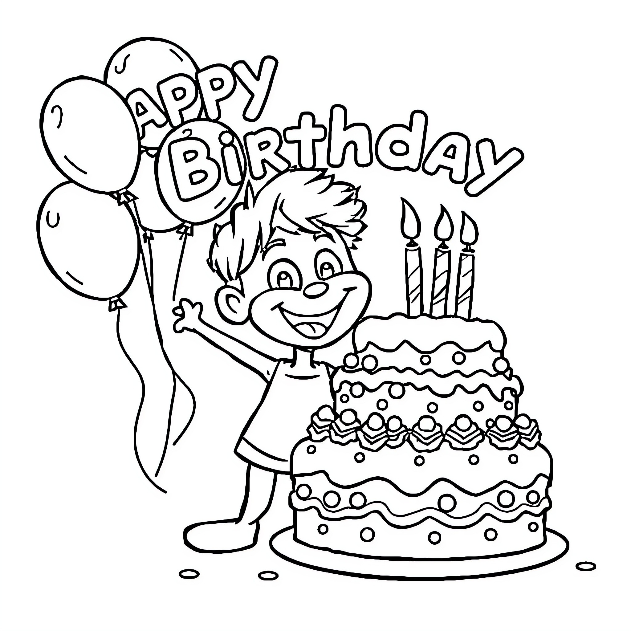 Birthday celebration with cake and balloons Coloring Page (free black-and-white line drawing printable PDF for all, from beginners to advanced learners, including children, teens, adults, and seniors)