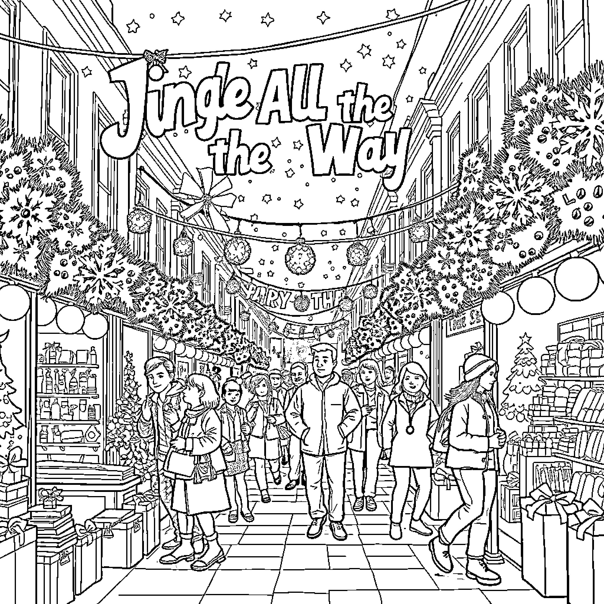 Jingle All the Way - Christmas Shoppers in Winter Wonderland Coloring Page (free black-and-white line drawing printable PDF for all, from beginners to advanced learners, including children, teens, adults, and seniors)