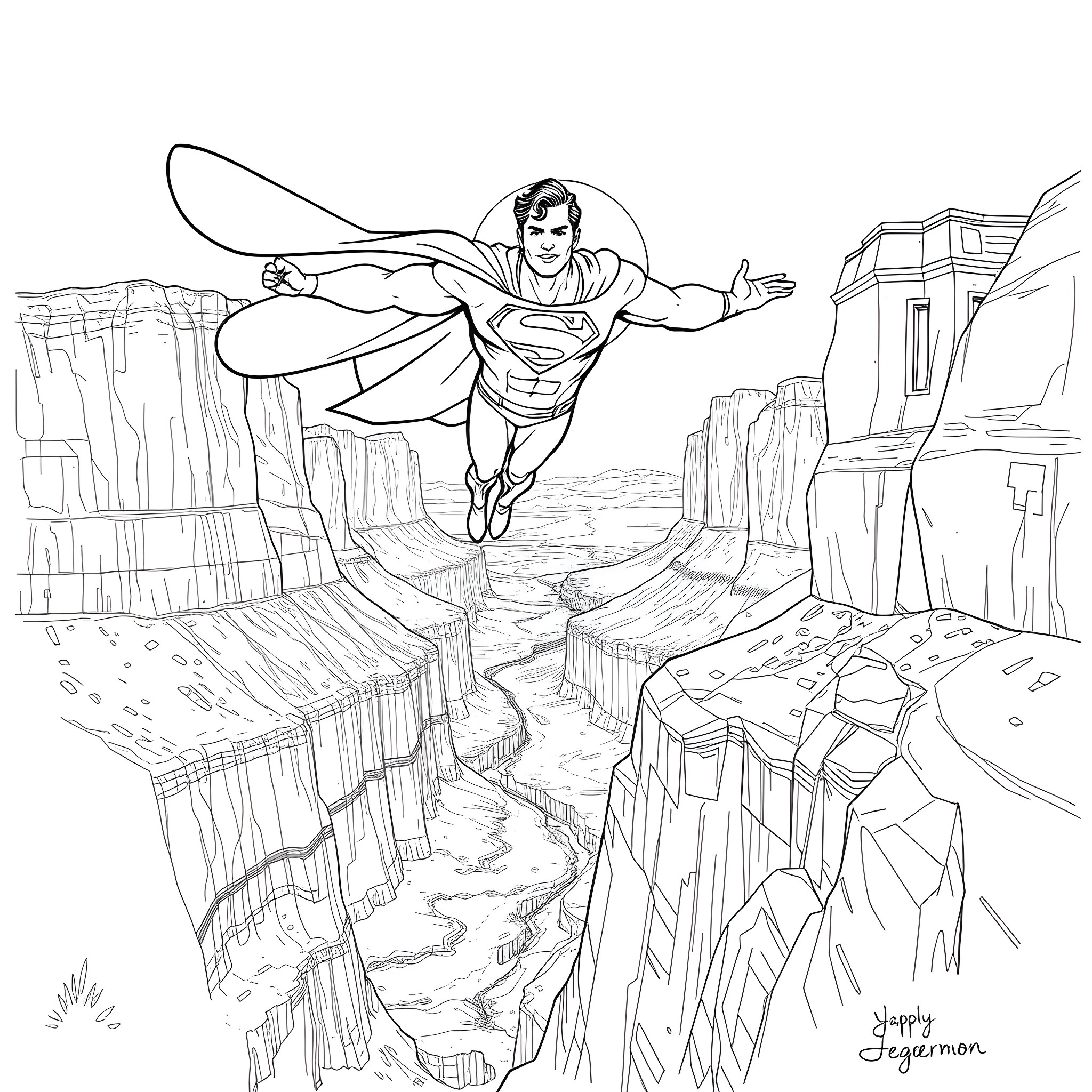 Superman Soaring Through Dramatic Cliffs and Canyons Coloring Page (free black-and-white line drawing printable PDF for all, from beginners to advanced learners, including children, teens, adults, and seniors)