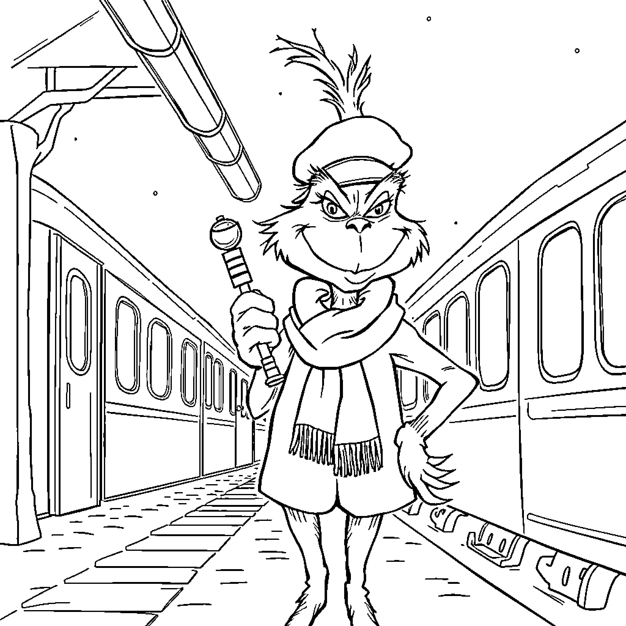 Grinch mischievously poses on a train platform Coloring Page (free black-and-white line drawing printable PDF for all, from beginners to advanced learners, including children, teens, adults, and seniors)