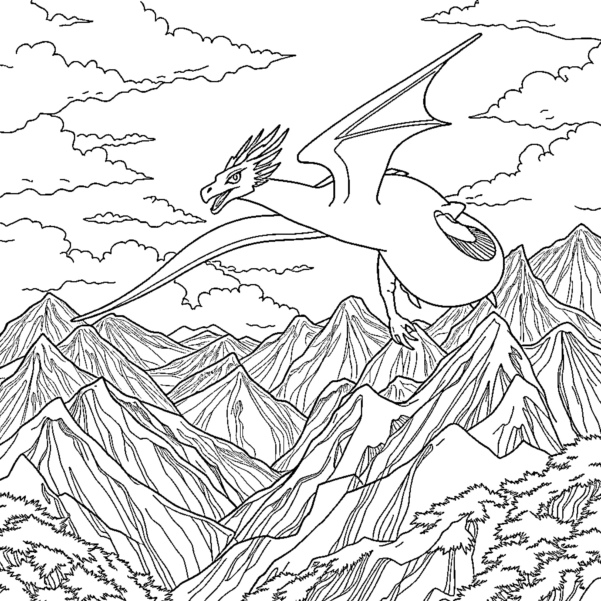 Lugia soaring over majestic mountain peaks Coloring Page (free black-and-white line drawing printable PDF for all, from beginners to advanced learners, including children, teens, adults, and seniors)