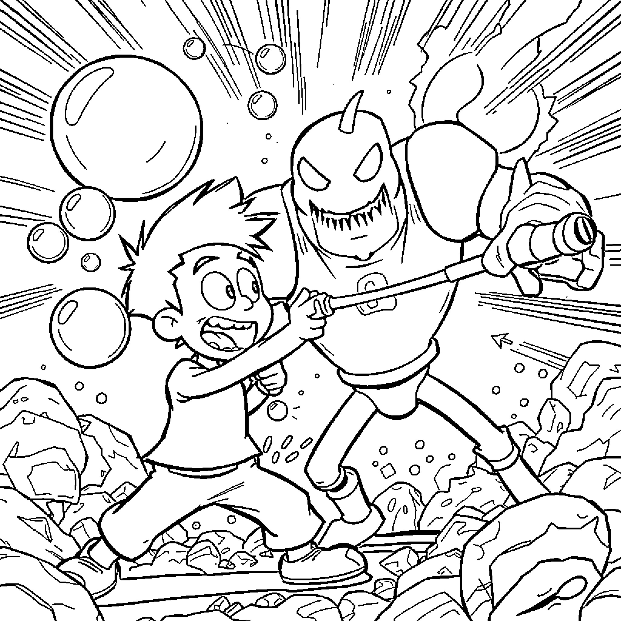 Ricky battles a fearsome monster in a fantastical adventure Coloring Page (free black-and-white line drawing printable PDF for all, from beginners to advanced learners, including children, teens, adults, and seniors)