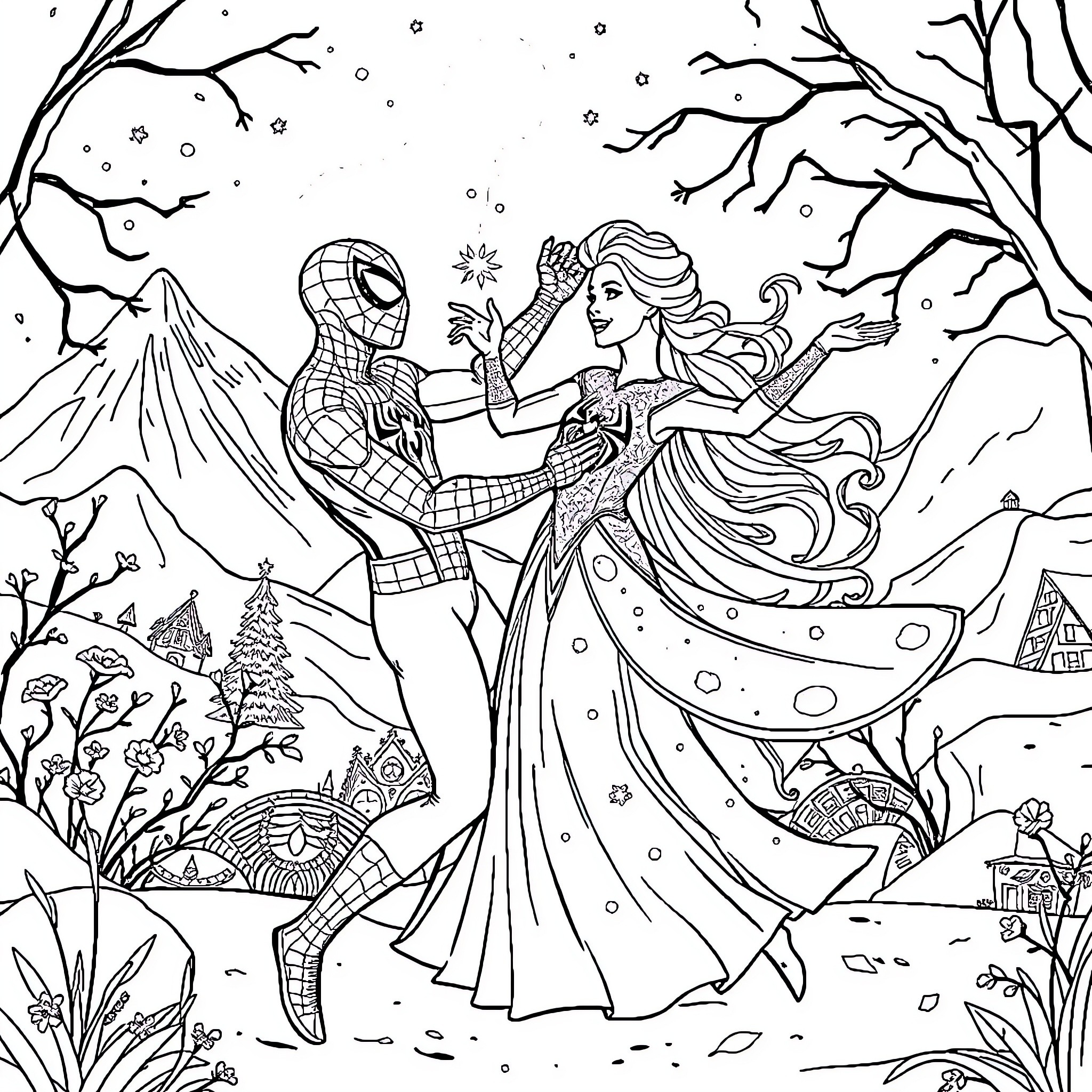 Snow Queen and Spider-Man in Winter Wonderland Coloring Page (free black-and-white line drawing printable PDF for all, from beginners to advanced learners, including children, teens, adults, and seniors)