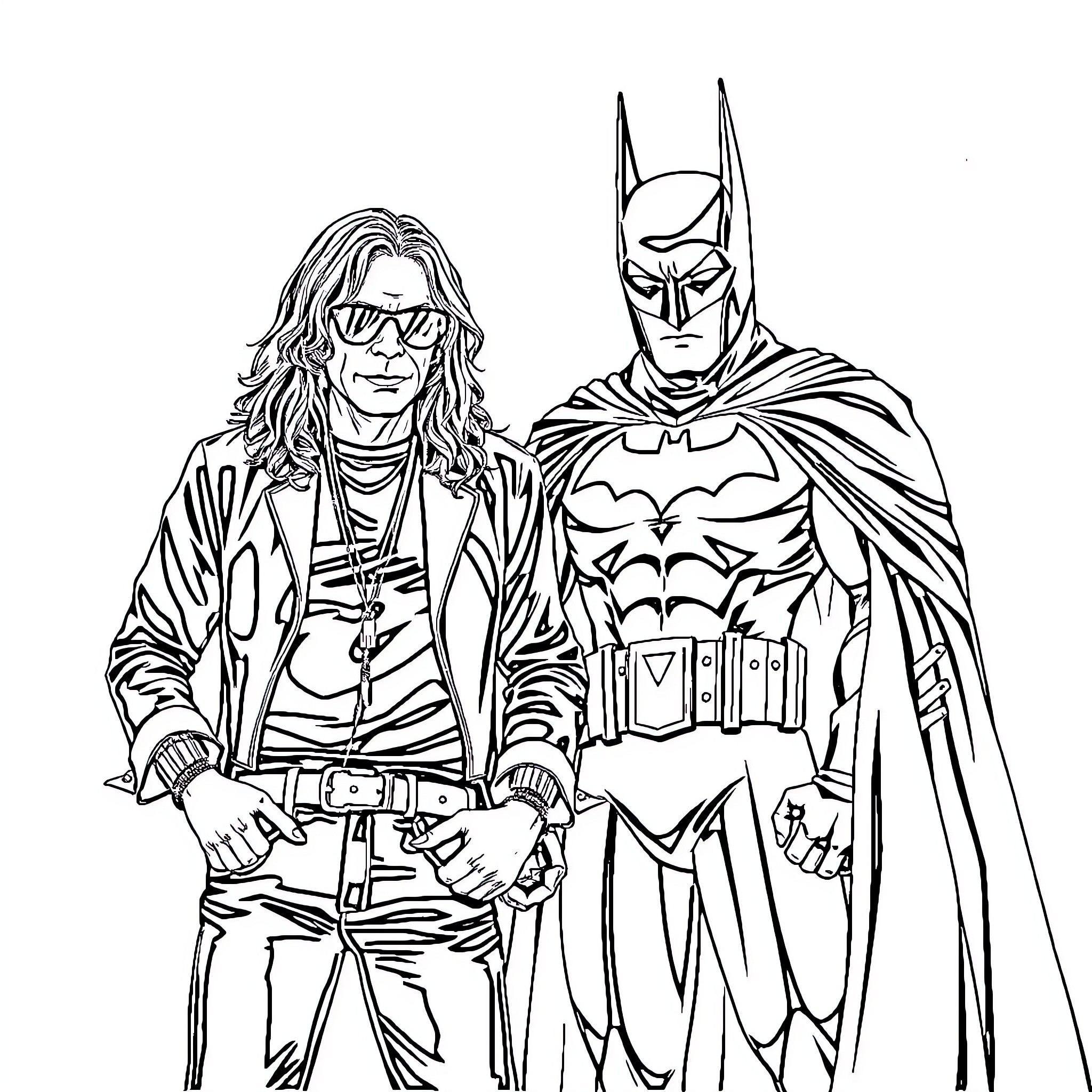 Ozzy and Batman in Heroic Poses Coloring Page (free black-and-white line drawing printable PDF for all, from beginners to advanced learners, including children, teens, adults, and seniors)