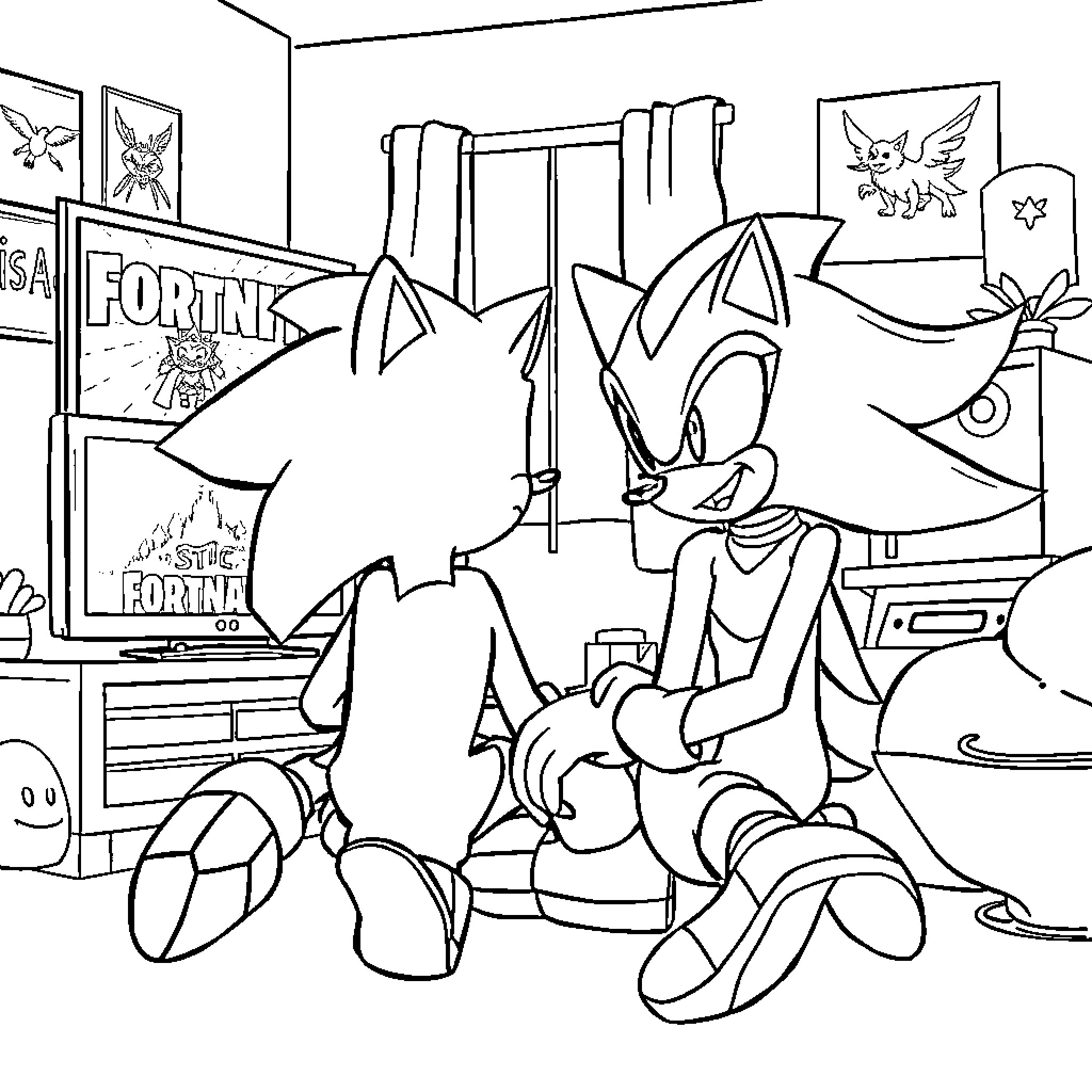 Sonic's Colorful Bedroom Adventures Coloring Page (free black-and-white line drawing printable PDF for all, from beginners to advanced learners, including children, teens, adults, and seniors)