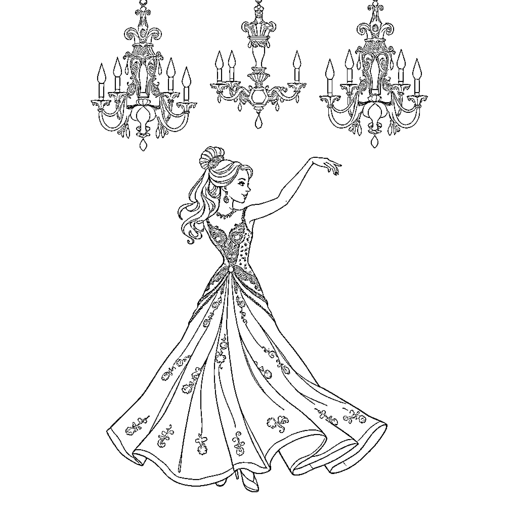 Princess Dancing in Ornate Ballroom with Chandeliers Coloring Page (free black-and-white line drawing printable PDF for all, from beginners to advanced learners, including children, teens, adults, and seniors)